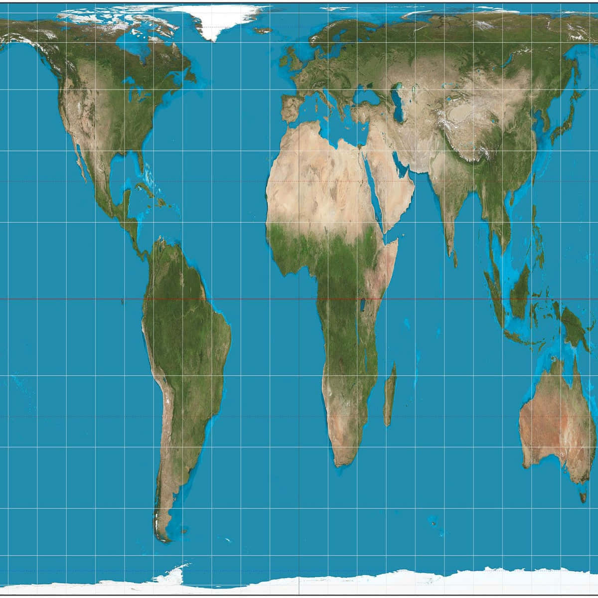 World 桌布 壁紙 — 一張詳細的世界地圖，大陸以大地色調呈現，海洋以藍色呈現，並覆蓋白色網格。