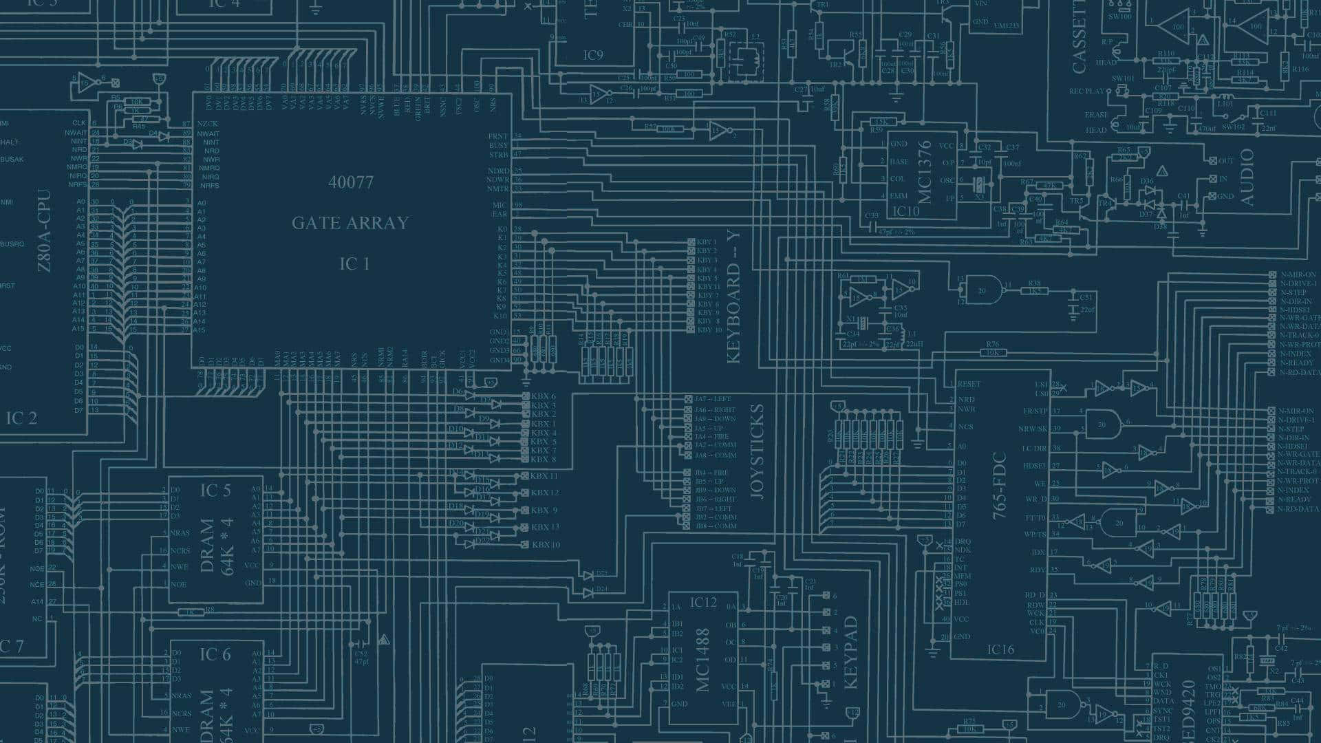 Circuit 桌布 壁紙 — 一張詳細的藍色調復古電腦電路板示意圖，帶有標籤的積體電路和接線。