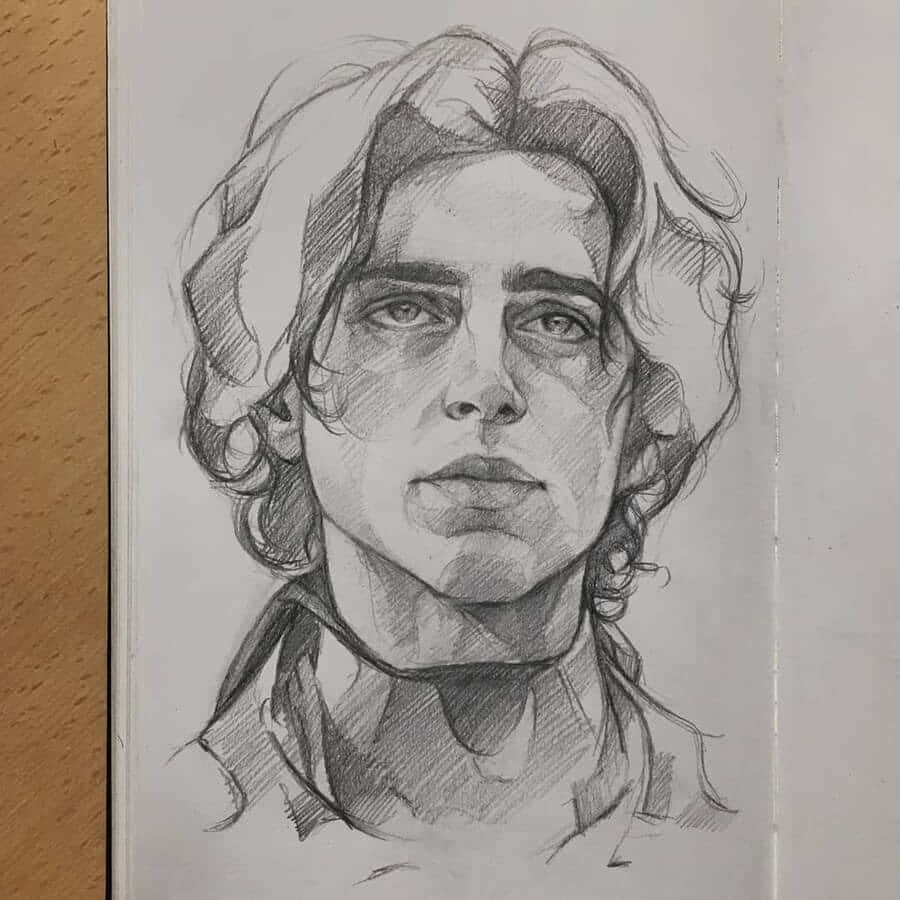 sketch 桌布 壁紙 — 一張詳細的鉛筆素描，描繪一個有波浪頭髮和強烈眼神的人，畫在有紋理的紙上。