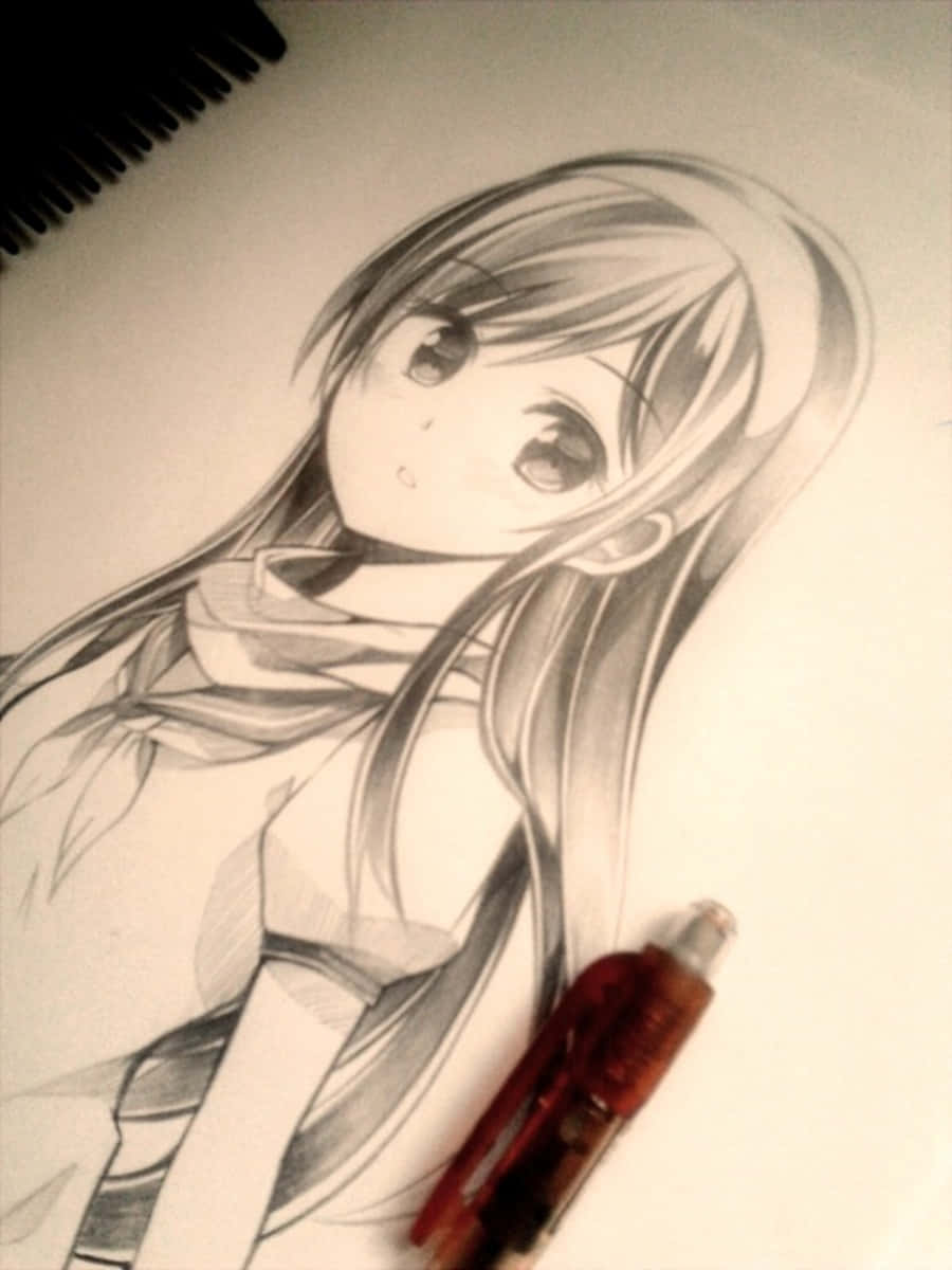 動漫繪圖 桌布 壁紙 — 一張詳細的鉛筆素描，描繪了一個長髮大眼的動漫女孩在素描本上，旁邊有一支紅色筆。