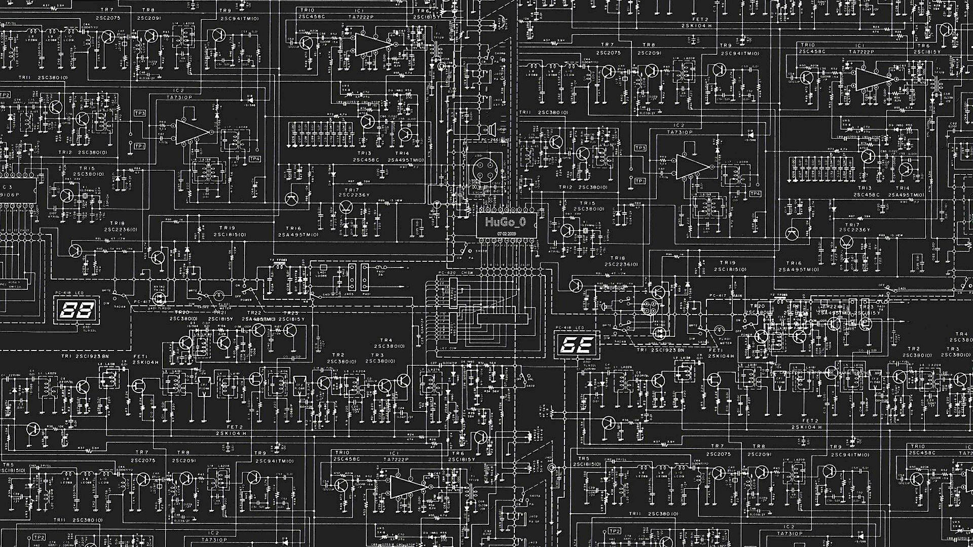 Electronics 桌布 壁紙 — 一張詳細的黑白示意圖桌布，充滿了相互連接的電子電路和元件標籤。