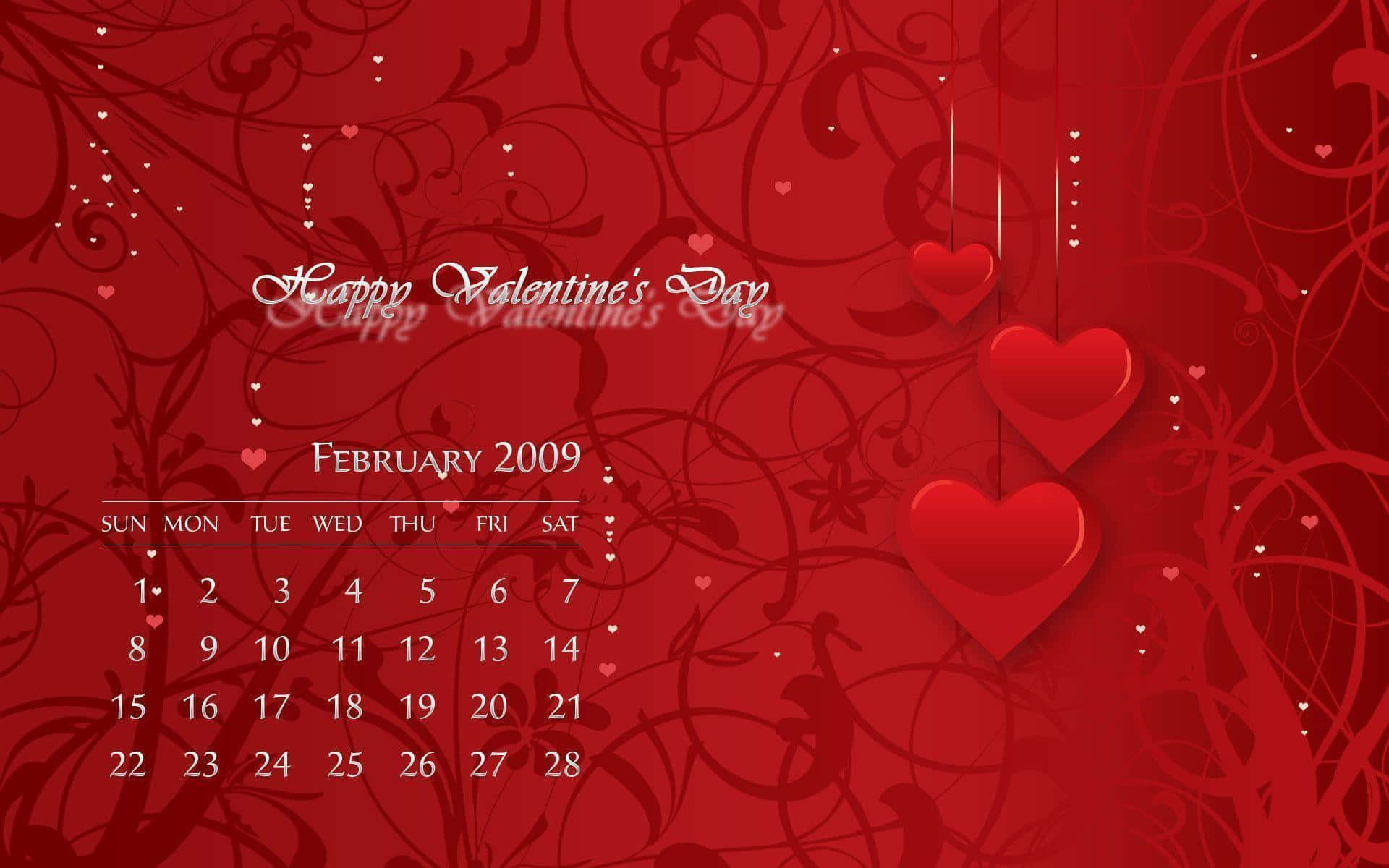 二月 桌布 壁紙 — 一張豐富的紅色情人節桌布，包含2009年2月的日曆、光澤心形和漩渦花卉圖案。