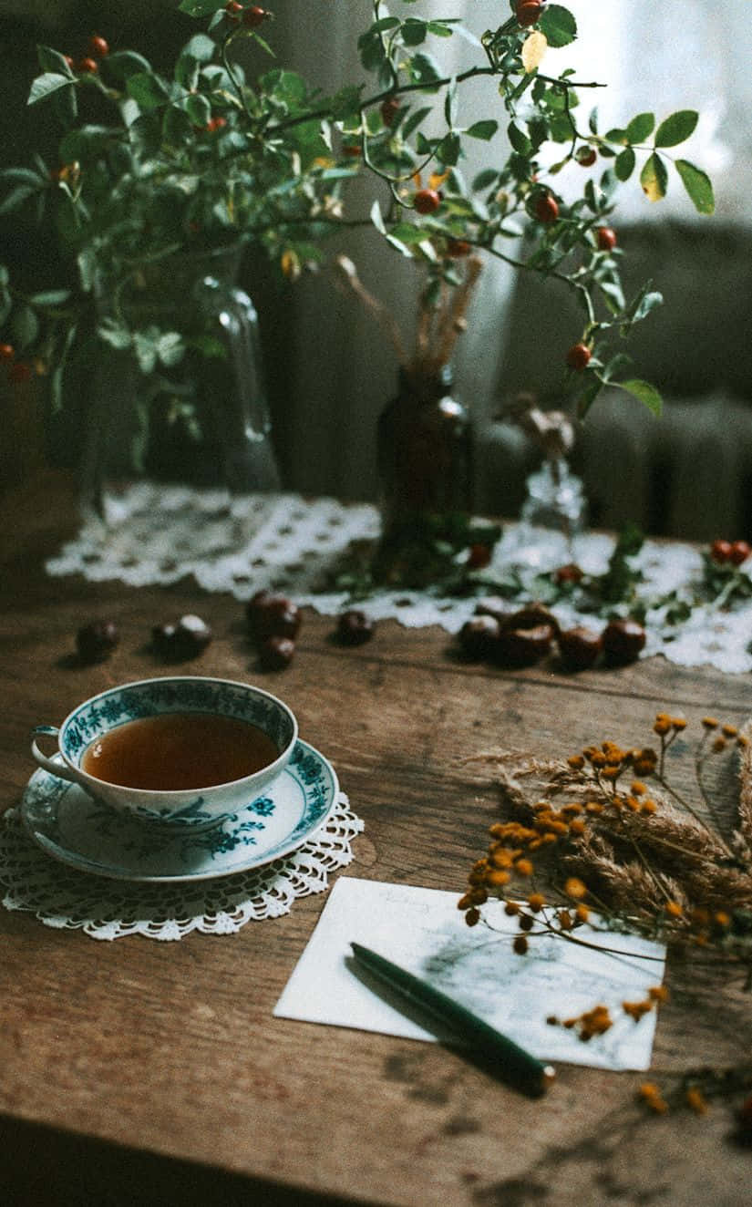 Teatime 桌布 壁紙 — 一張質樸的木桌上，在柔和自然光下，放著一個茶杯、蕾絲杯墊、乾花和一支筆。