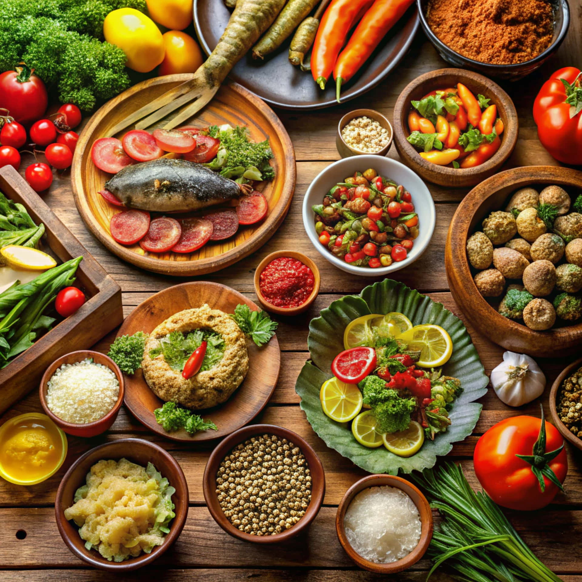 Delicious local food 壁紙 — 一張質樸的木桌上擺滿了色彩繽紛的新鮮蔬菜、香料和準備好的菜餚，包括魚、番茄、檸檬和香草。