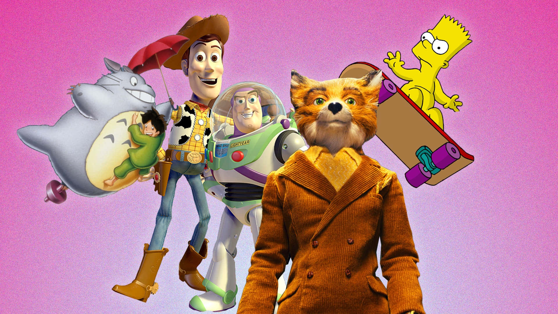 Animation Movies 桌布 壁紙 — 一張超現實拼貼畫，包含標誌性動畫角色，包括龍貓、胡迪、巴斯光年、穿外套的狐狸和巴特·辛普森，背景是充滿活力的粉紅色漸層。