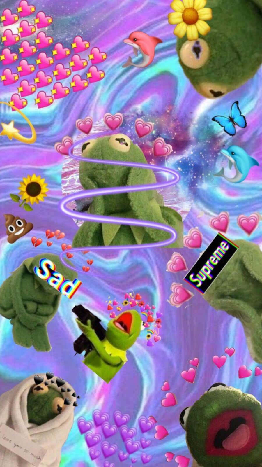 Aesthetic Frog 桌布 壁紙 — 一張超現實的宇宙桌布， featuring Kermit the Frog 以多種姿勢出現，被心形、海豚、向日葵和 Supreme 標誌環繞，背景是旋轉的紫藍色星系。