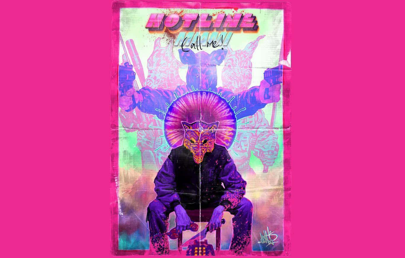 Hotline Miami 桌布 壁紙 — 一張超現實的數位海報展示了一個戴面具的人物坐著持槍，周圍環繞著鮮豔的粉紅、紫色和青色色調，下方有 'HOTLINE CALL ME' 文字。