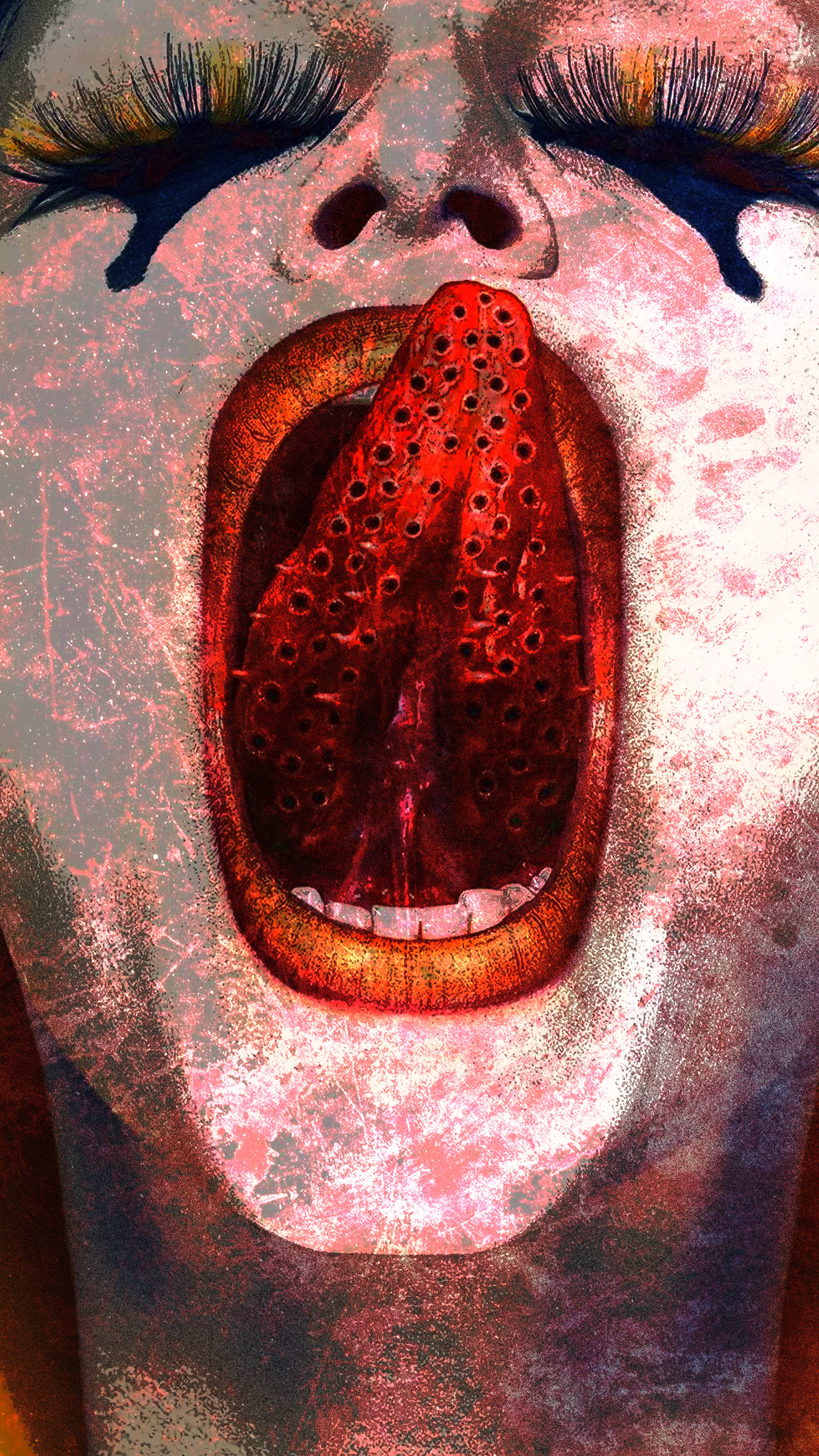 Painting 桌布 壁紙 — 一張超現實的臉部特寫，有著誇張的睫毛和張開的嘴巴，露出紅色穿孔的舌頭。