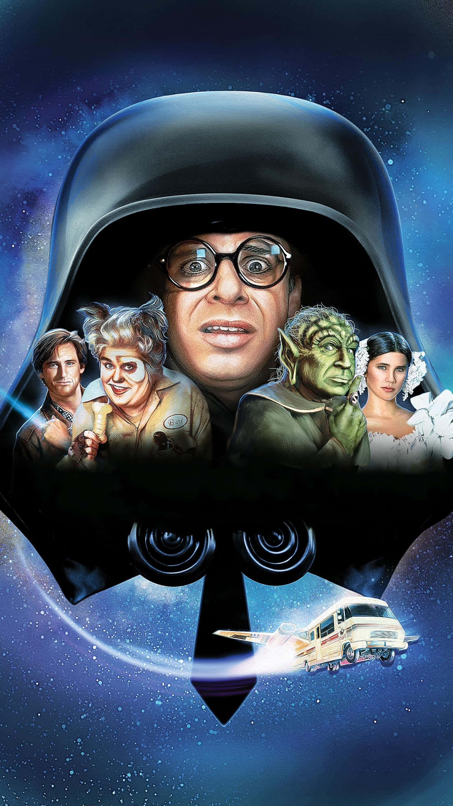 spaceballs 桌布 壁紙 — 一張超現實電影海報，描繪一個巨大的黑武士頭盔，經典角色從中探出頭來，背景是星光燦爛的宇宙。