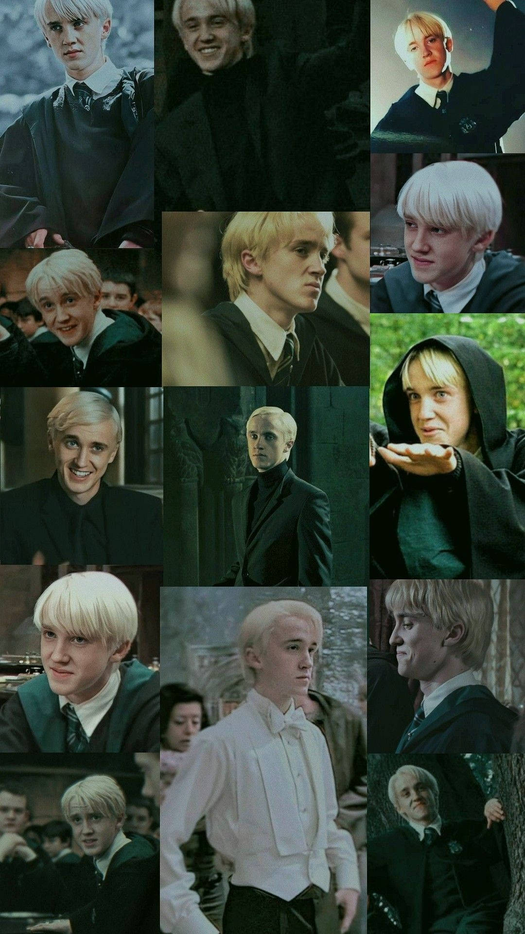 draco 桌布 壁紙 — 一張跩哥·馬份在霍格華茲各種場景中穿著黑色長袍和白色襯衫的拼貼畫。
