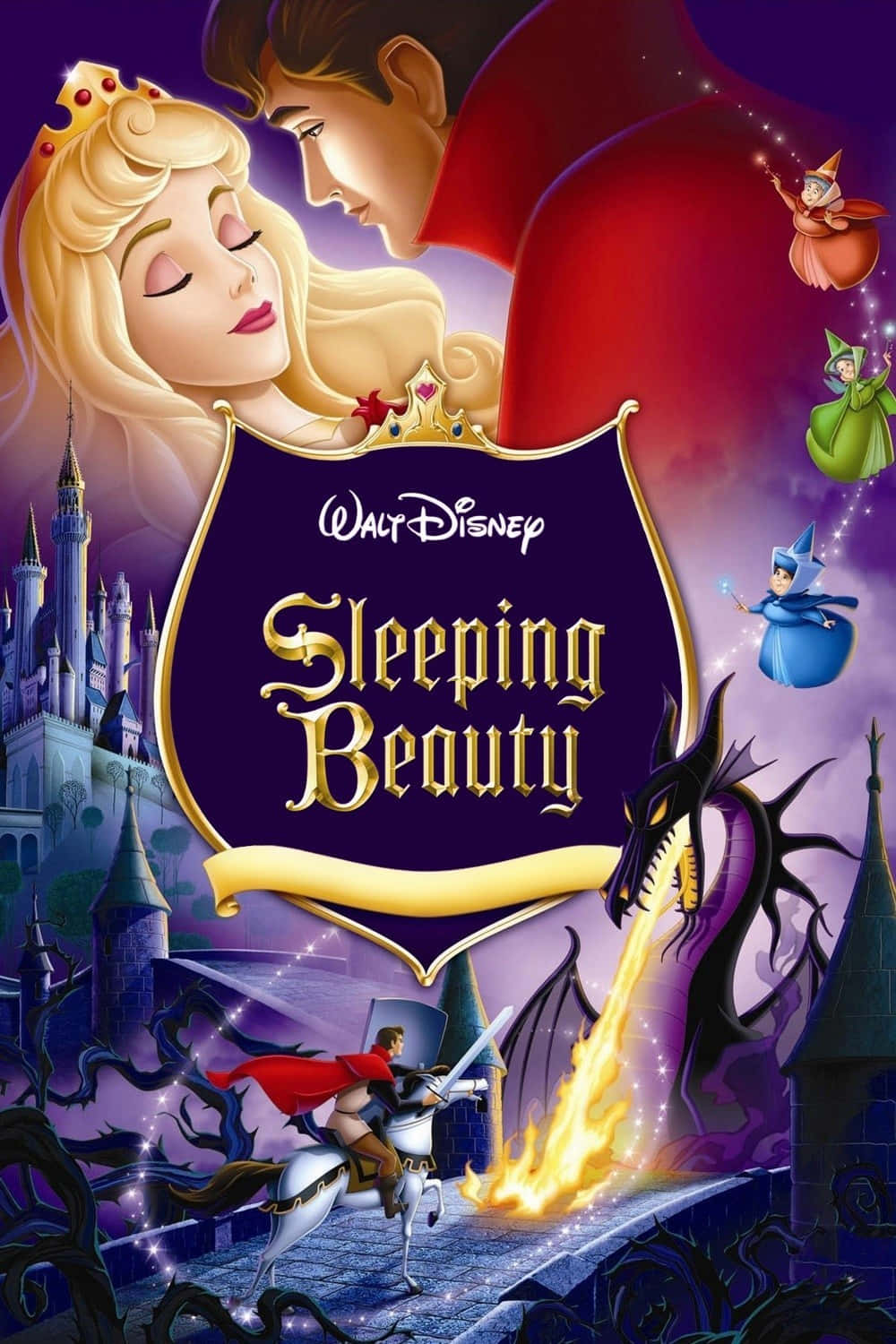 sleeping beauty 桌布 壁紙 — 一張迪士尼《睡美人》動畫海報，展示一位王子和公主在城堡上方即將接吻，下方有一條噴火龍。