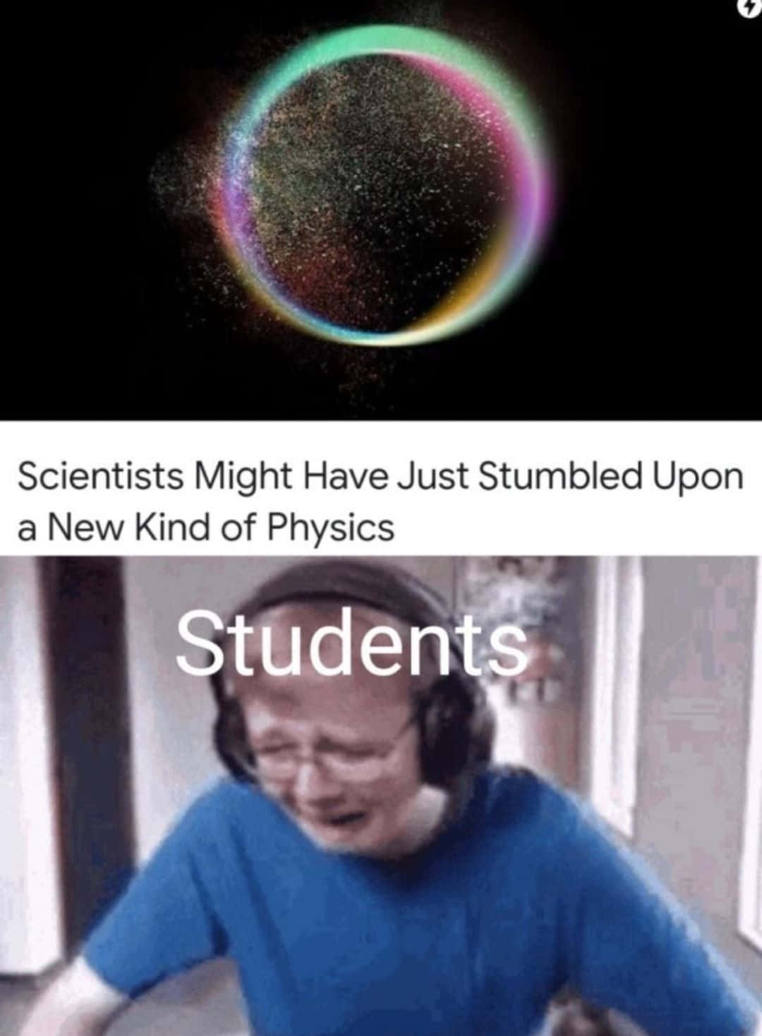 Learning Memes 桌布 壁紙 — 一張迷因圖片，顯示一個哭泣的學生在色彩繽紛的物理發現圖形下方。