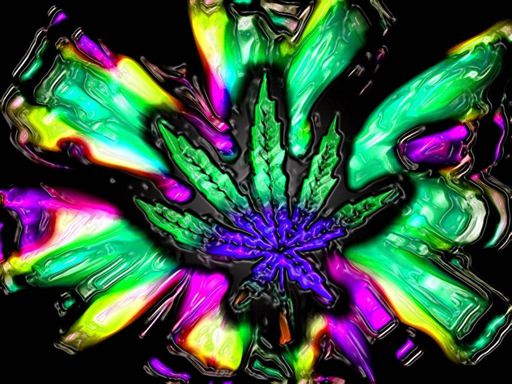 迷幻動圖 桌布 壁紙 — 一張迷幻大麻葉在黑色背景上散發出螢光綠和紫色的卷鬚。