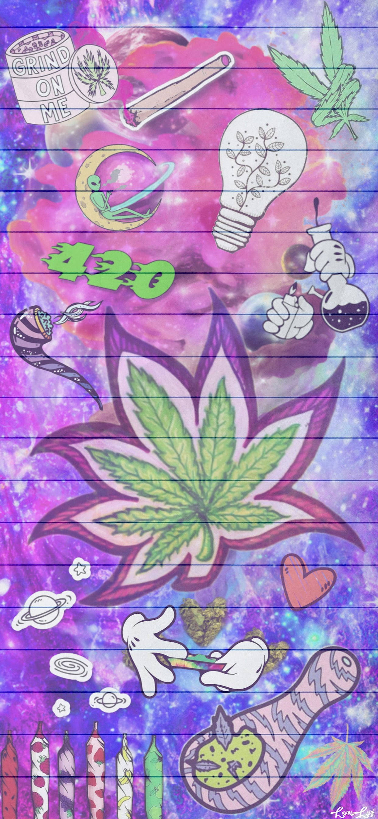 塗鴉 桌布 壁紙 — 一張迷幻宇宙風格桌布，帶有大型綠色大麻葉、塗鴉和霓虹元素，背景為紫色星空。