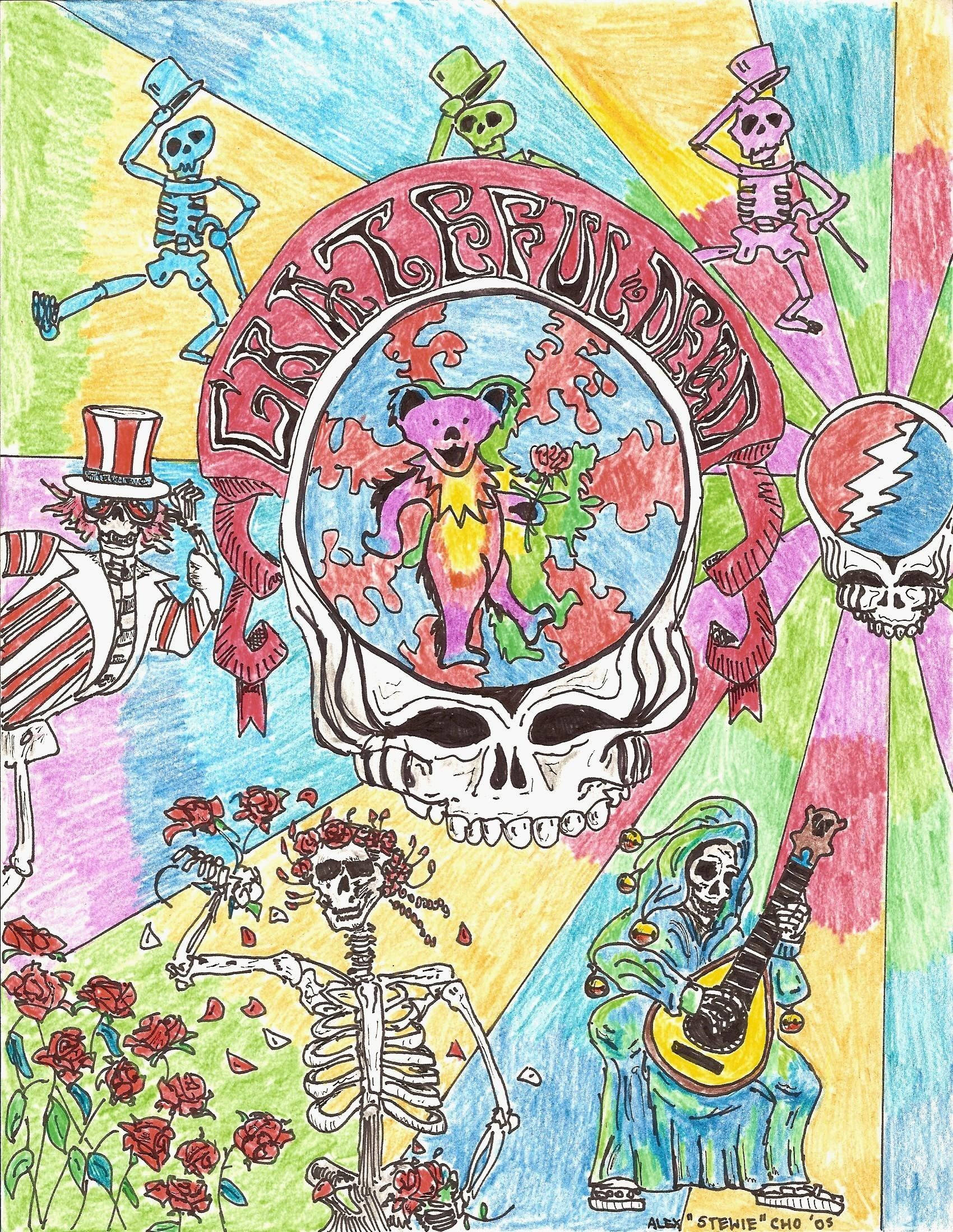 dead 桌布 壁紙 — 一張迷幻手繪海報，中央有一個骷髏頭和一隻跳舞的熊，周圍是戴高帽的骷髏和玫瑰。