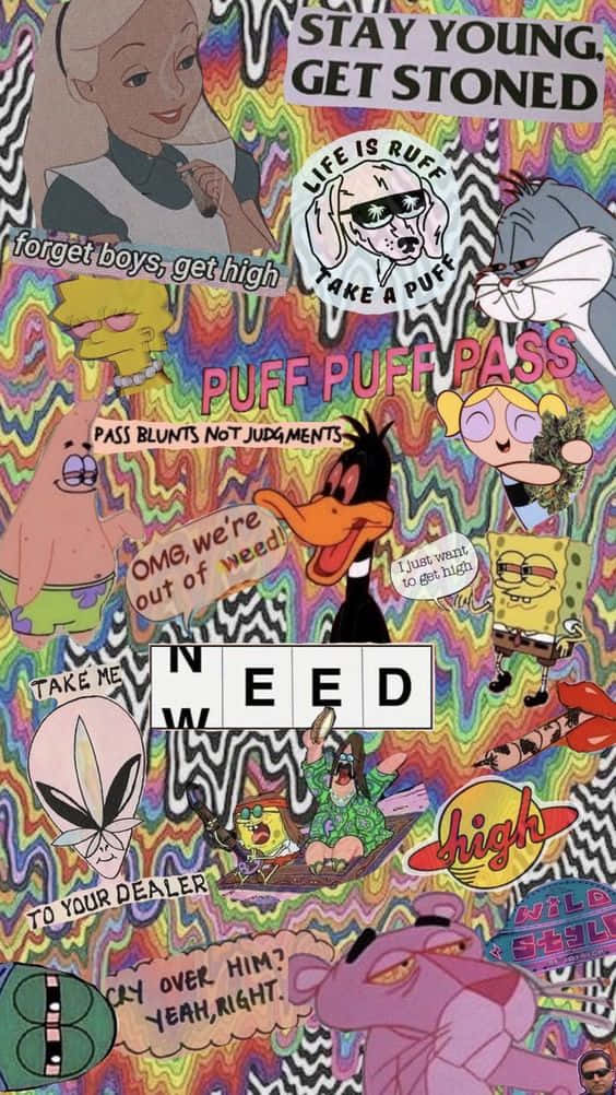 Dope Trippy 桌布 壁紙 — 一張迷幻拼貼畫，包含卡通人物、大麻主題標語和鮮豔的漩渦圖案。