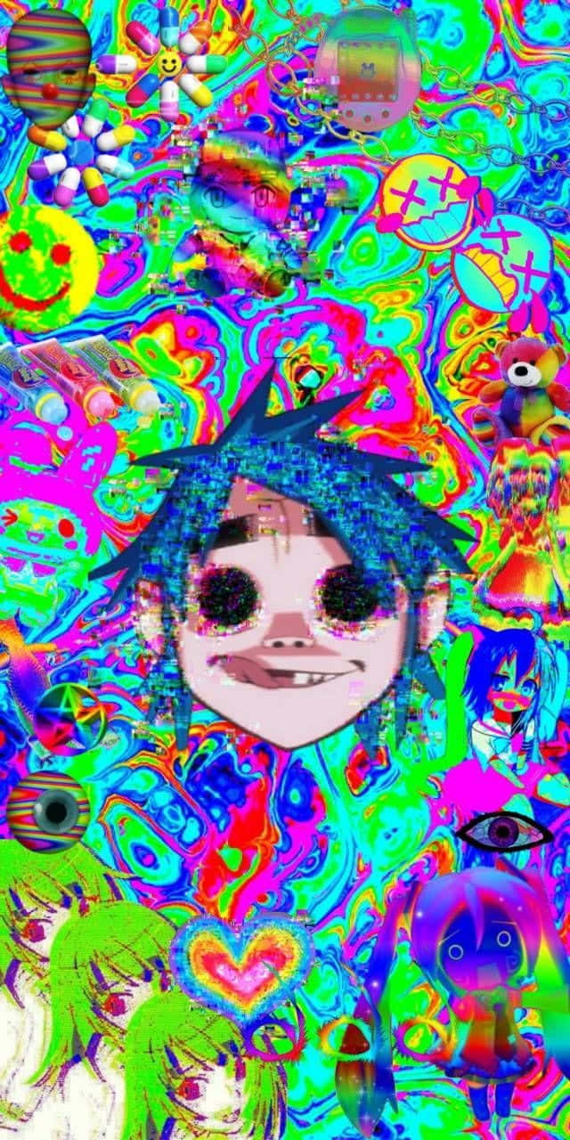怪核 桌布 壁紙 — 一張迷幻數位拼貼畫，中央有一個動漫風格角色，周圍環繞著鮮豔的超現實元素和故障藝術效果。