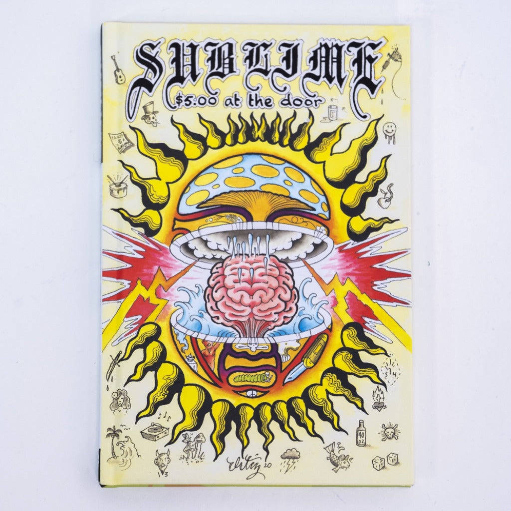 Album Cover 桌布 壁紙 — 一張迷幻海報，蘑菇帽內有腦，周圍環繞火焰和超現實符號。
