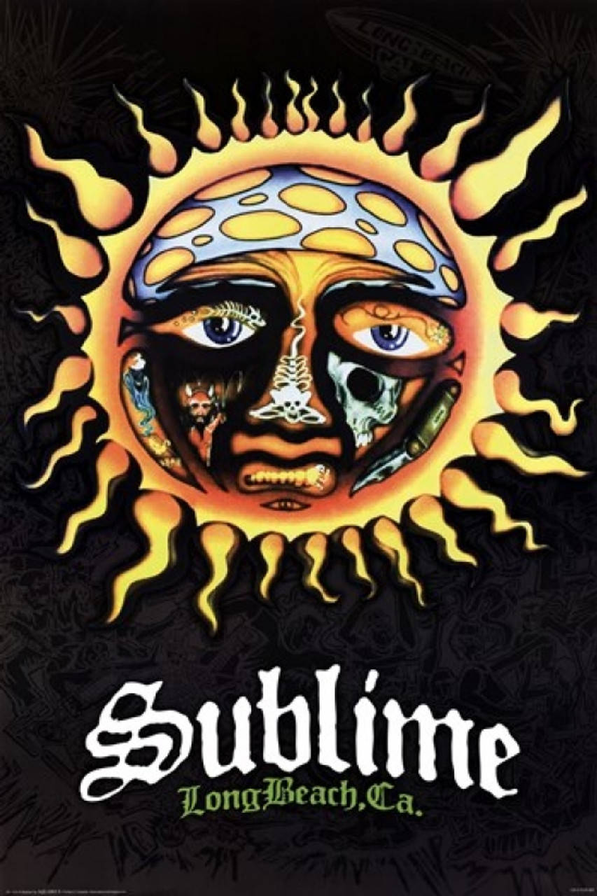 Album Cover 桌布 壁紙 — 一張迷幻海報展示一個燃燒的太陽，其臉孔一半是骷髏一半是血肉，飾有紋身並叼著香煙，宣傳樂隊 Sublime。