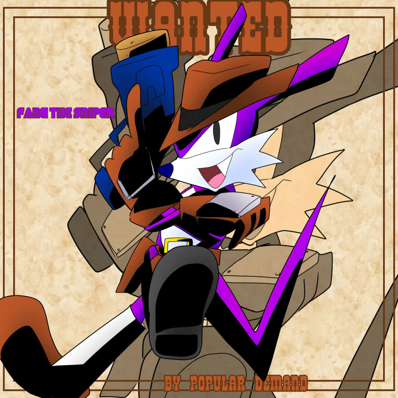 Fang The Sniper 桌布 壁紙 — 一張通緝海報展示了一隻戴著牛仔帽、手持大型步槍的開朗動漫狐狸狙擊手，背景為羊皮紙。