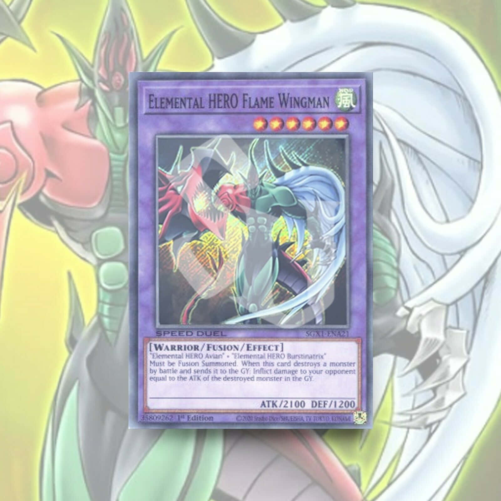 Yugioh Elemental Hero 桌布 壁紙 — 一張遊戲王卡牌元素英雄火焰翼俠居中，背景為模糊的動漫風格，帶有火焰與冰霜圖案。