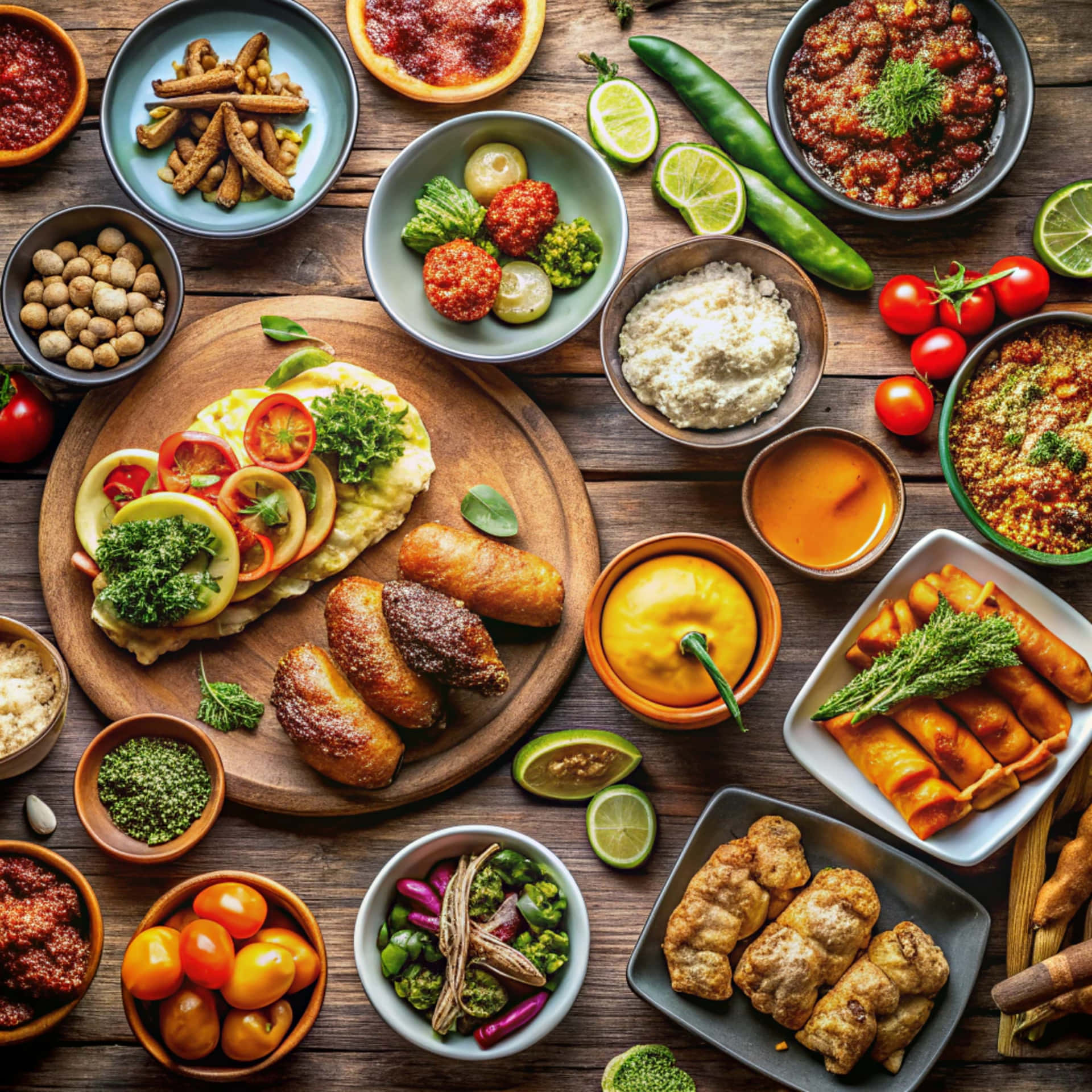 Tasty food seen from above 壁紙 — 一張鄉村風格的木桌上擺滿了色彩繽紛的全球菜餚，包括炸春卷、醬汁、新鮮香草和鮮豔的蔬菜。