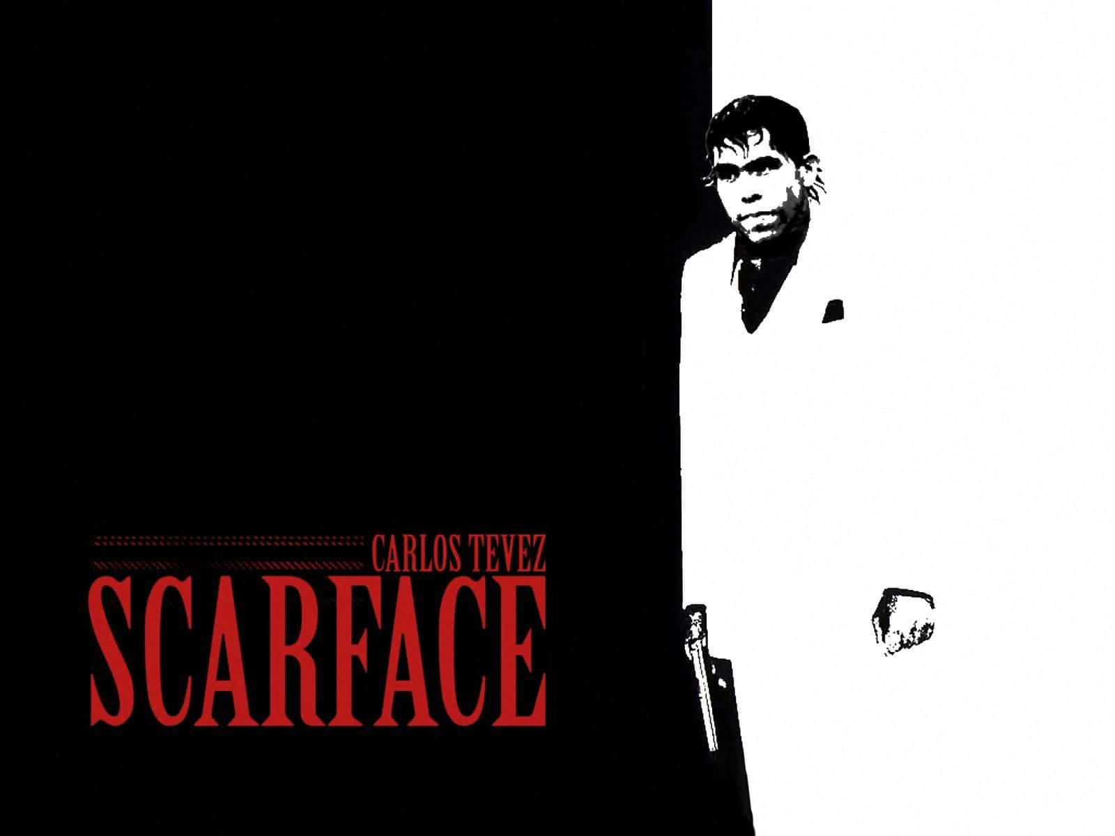 Scarface Desktop 桌布 壁紙 — 一張醒目的黑白海報，一個穿白色西裝的男人拿著槍，上面有粗體的紅色 Scarface 文字。