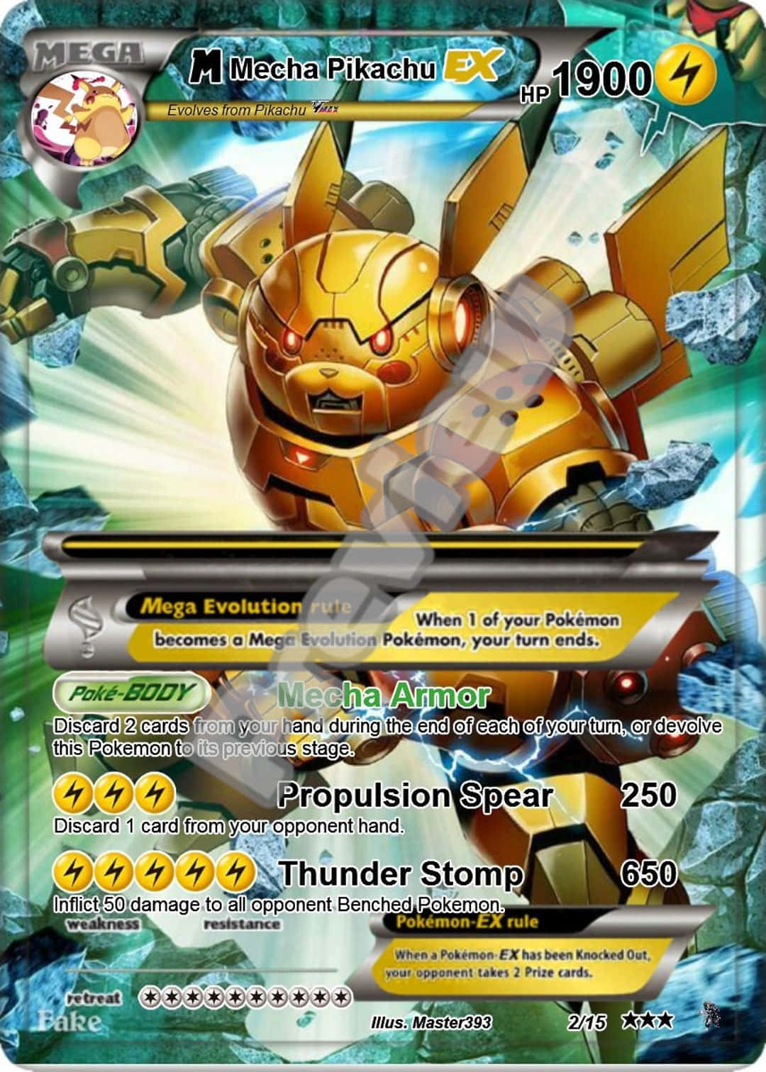 寶可夢 桌布 壁紙 — 一張金色裝甲的Mecha Pikachu EX寶可夢卡牌在破碎的藍綠色背景前爆發能量。