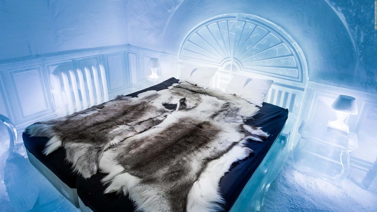 Ice Hotel 桌布 壁紙 — 一張鋪著厚毛皮地毯的床，位於一個發光的藍色冰酒店房間，配有拱形窗戶和溫暖的燈。