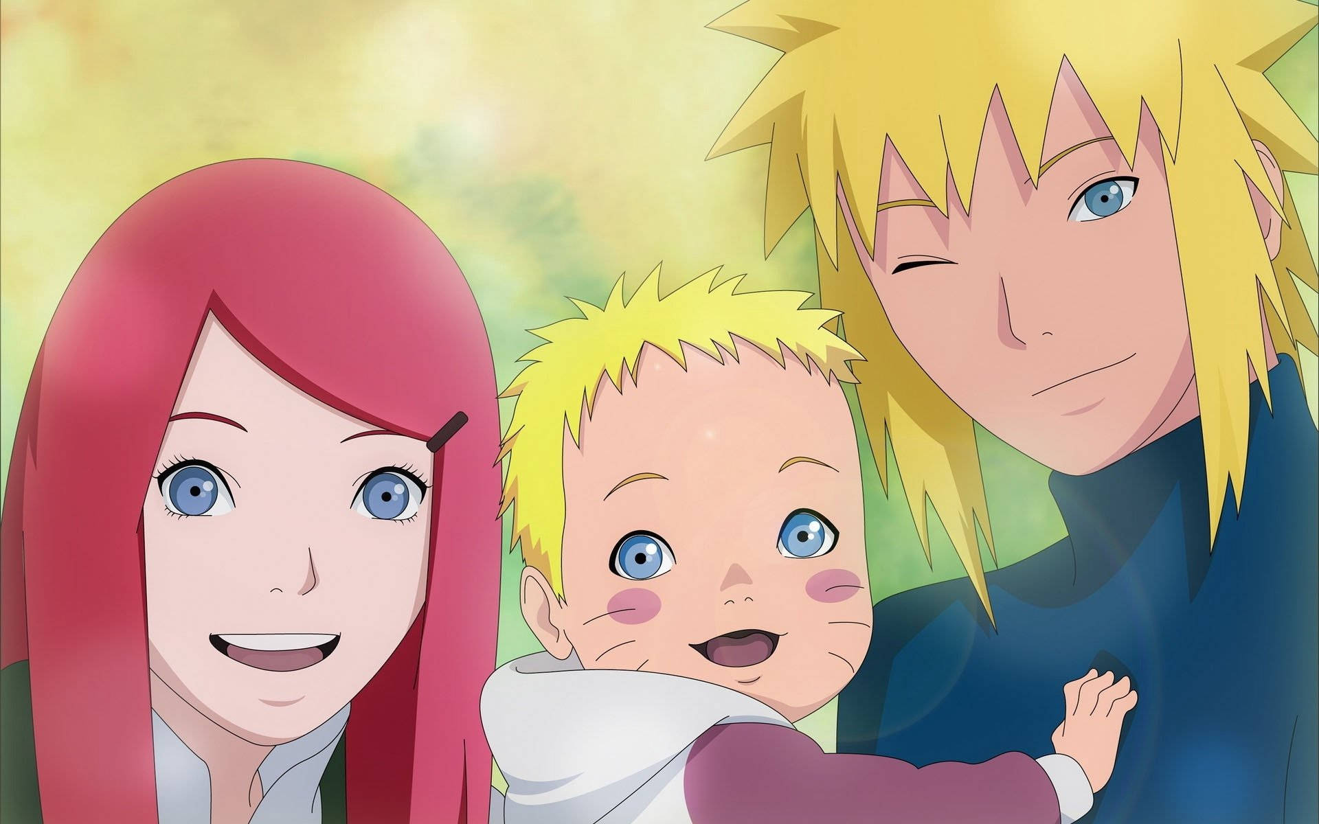 minato namikaze 桌布 壁紙 — 一張開心的動畫家庭肖像，包含一位紅髮女性、一位金髮小孩和一位金髮男性，在柔和發光的背景下溫暖微笑。