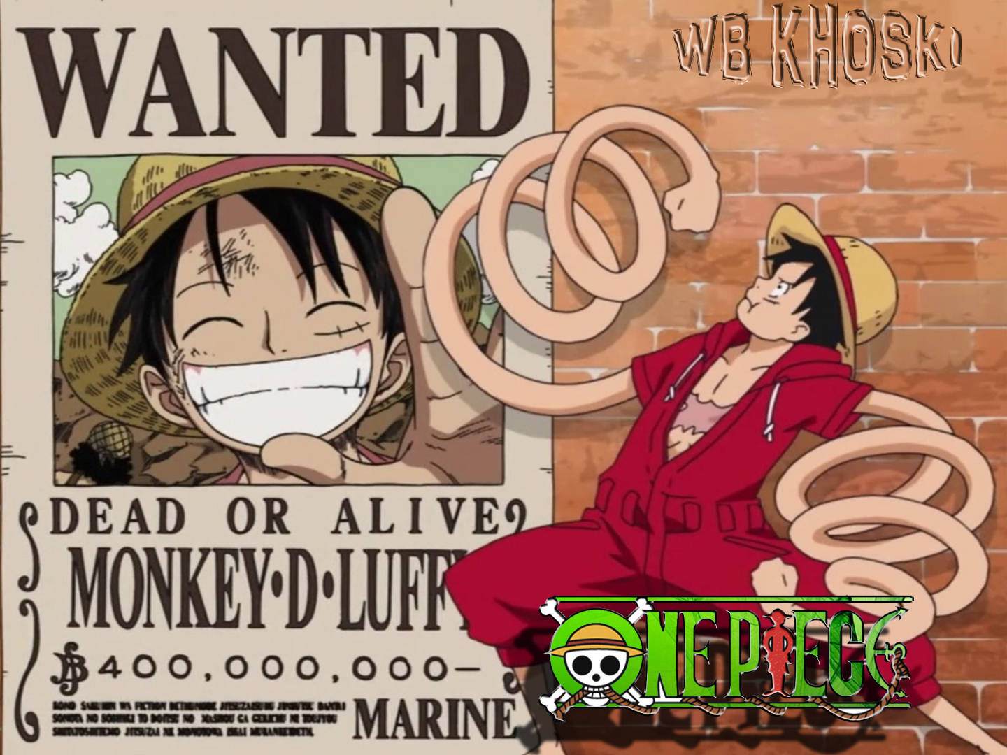 luffy 4K 桌布 壁紙 — 一張關於蒙奇·D·魯夫的通緝海報展示了他愉快的笑容，旁邊是一面磚牆，他穿著紅色衣服，橡膠手臂盤繞著，悠閒地靠著。