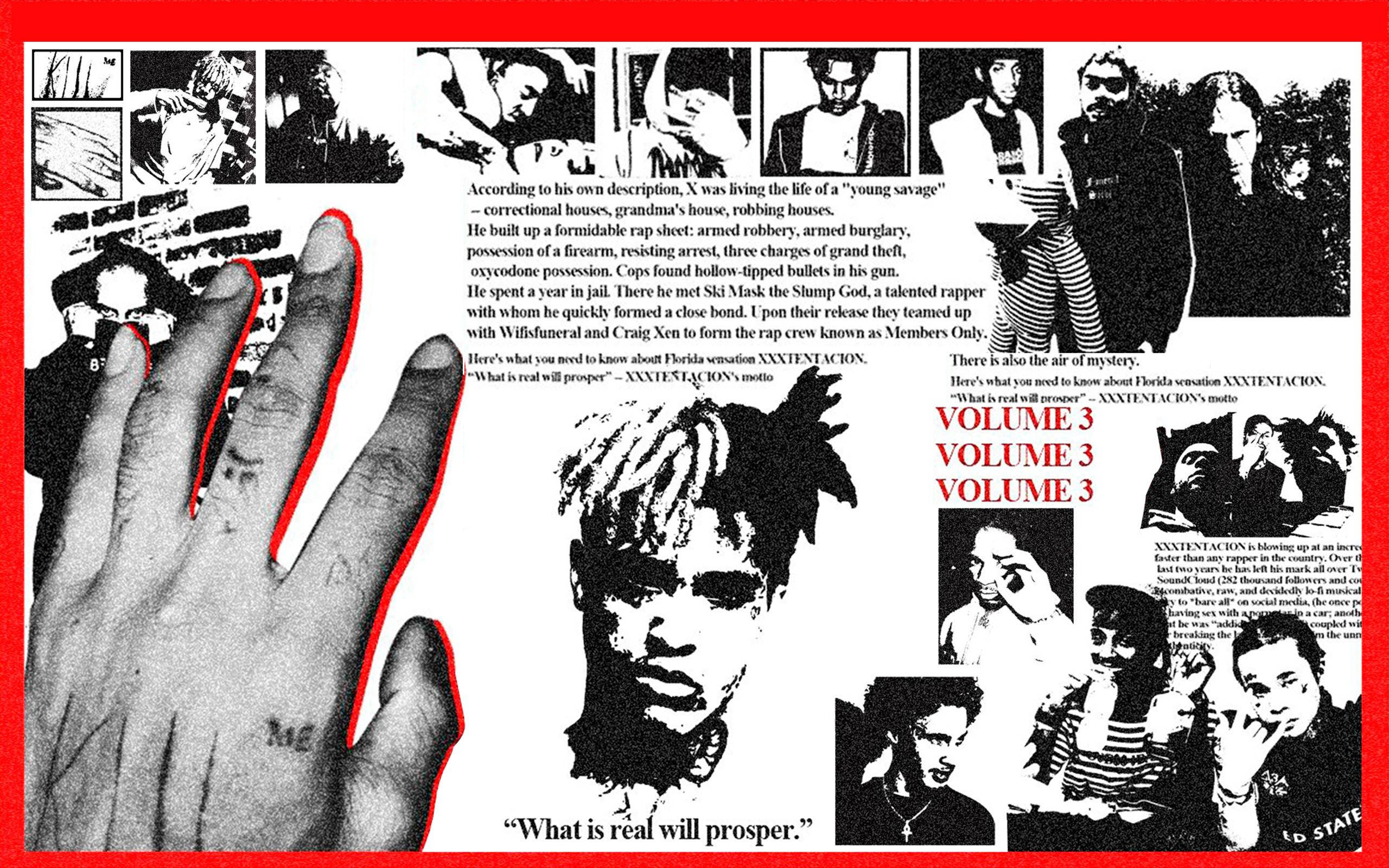xxxtentacion 美學 桌布 壁紙 — 一張關於饒舌歌手 XXXTENTACION 的黑白照片和文字拼貼，以紅色背景上的大型紋身手為主導。