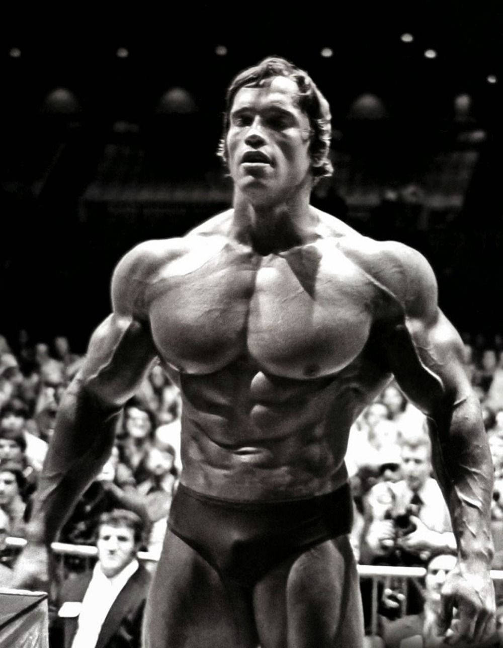 Arnold 桌布 壁紙 — 一張阿諾·史瓦辛格在健美比賽舞台上繃緊巨大肌肉的黑白照片。