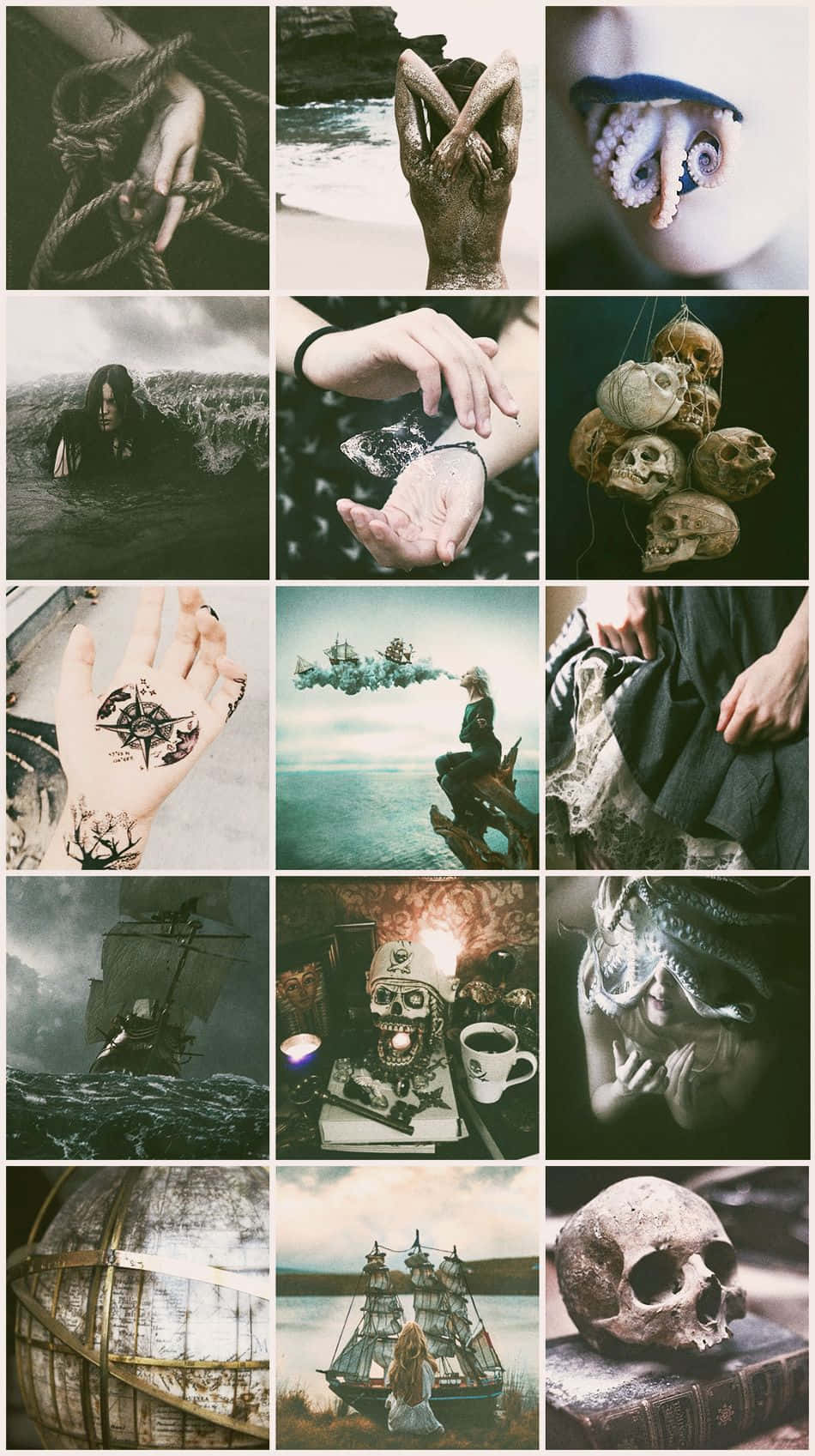 Witch Aesthetic 桌布 壁紙 — 一張陰暗氣氛的海盜主題拼貼畫，包括骷髏、手、章魚、刺青、船隻和波濤洶湧的大海。