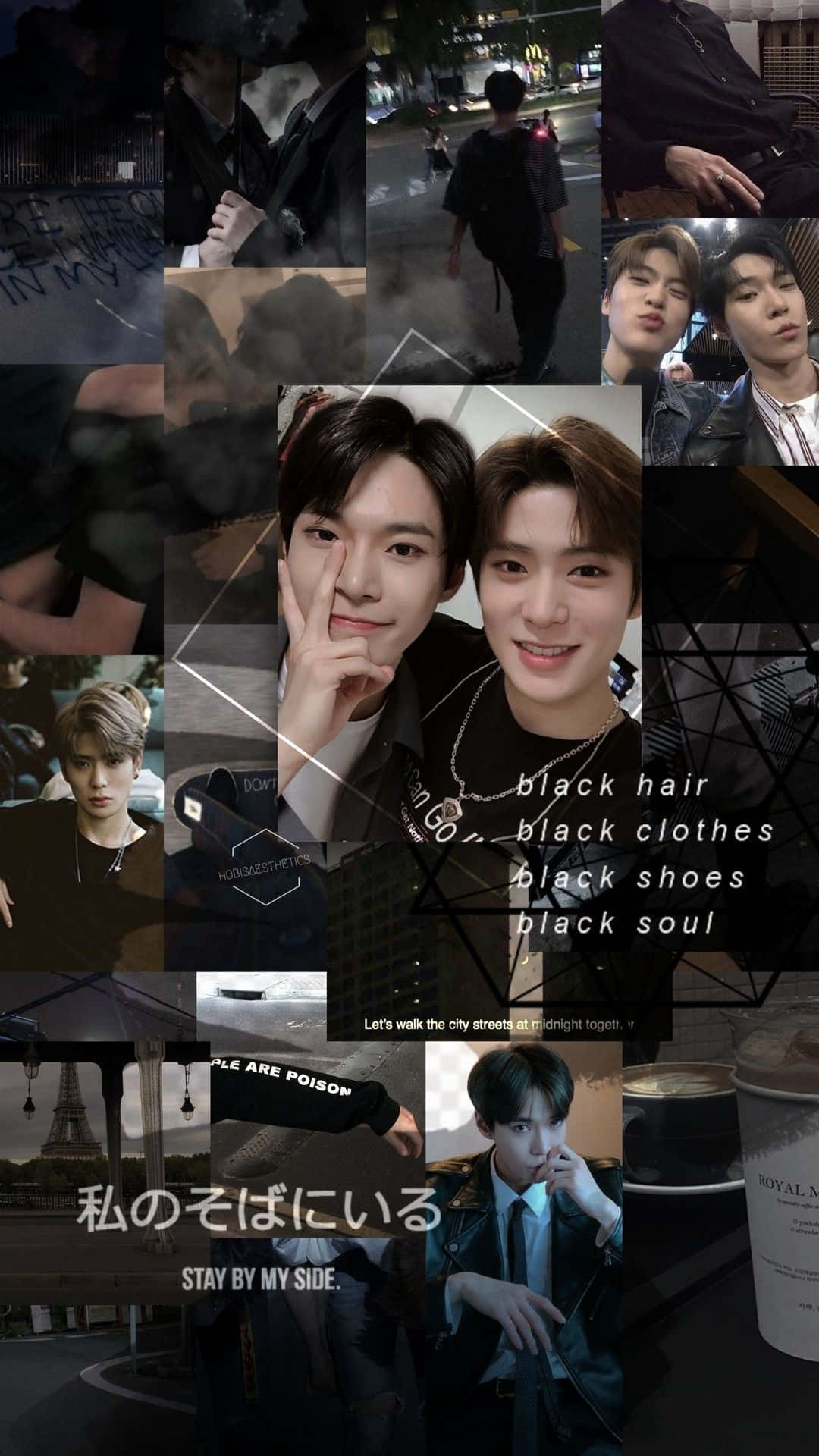Nct 127 桌布 壁紙 — 一張陰鬱的拼貼畫，描繪年輕男性在黑暗都市環境中，帶有文字疊加和咖啡杯。