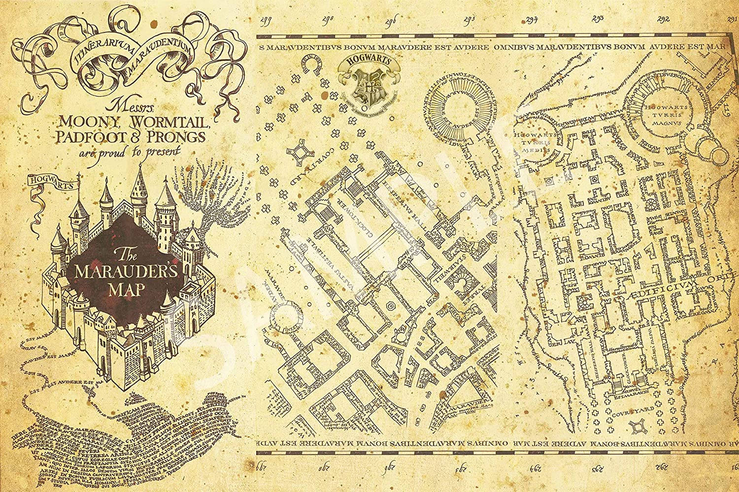 Map 桌布 壁紙 — 一張陳舊的羊皮紙，展示霍格華茲的劫盜地圖，帶有精細的手繪細節和褪色的墨水。