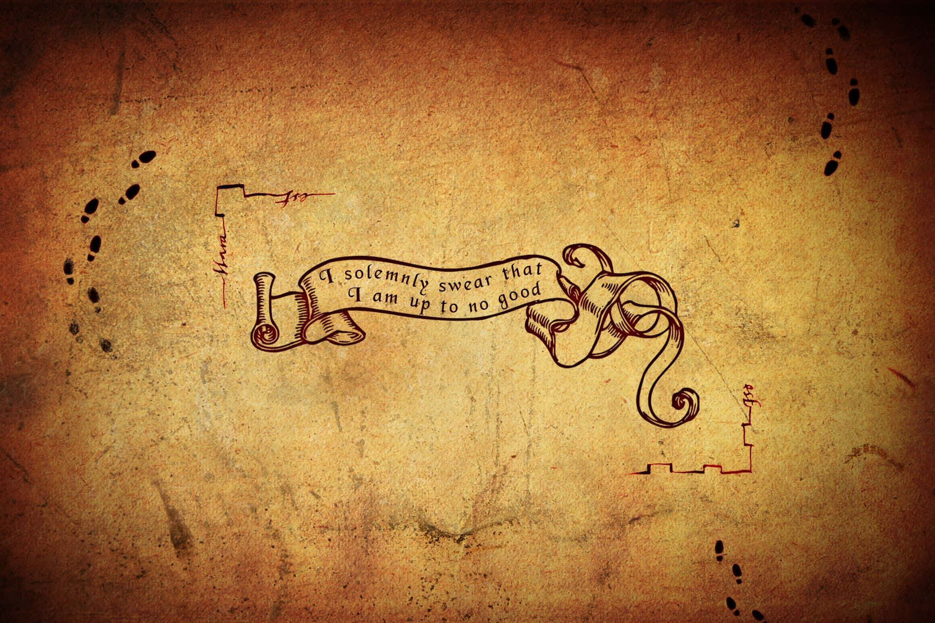 The Marauder's Map 桌布 壁紙 — 一張陳舊的羊皮紙展示了一個手繪的卷軸，上面寫著「我鄭重發誓我沒安好心」，周圍有腳印。