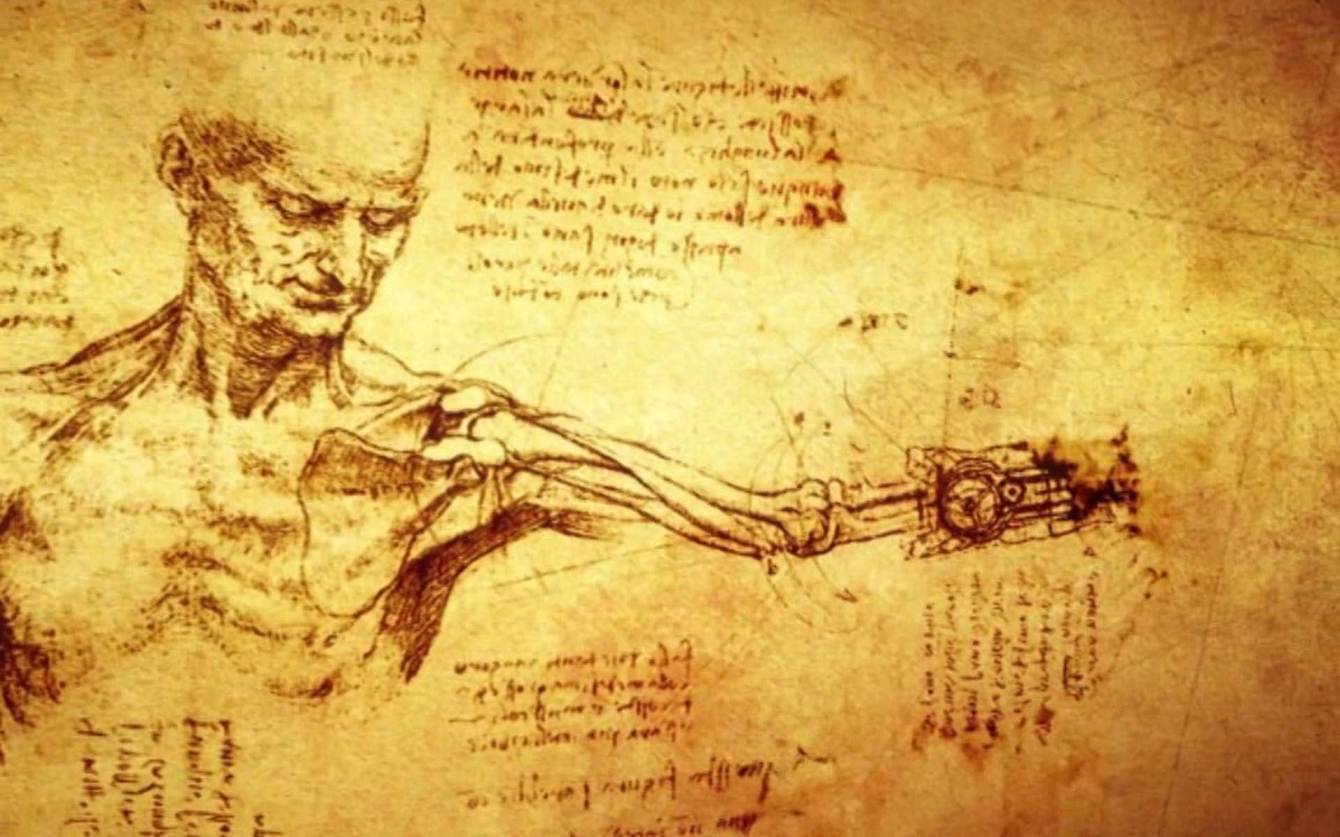 Leonardo Da Vinci 桌布 壁紙 — 一張陳舊的羊皮紙展示了一個男人軀幹和手臂的詳細解剖草圖，附有手寫筆記和機械手設計。