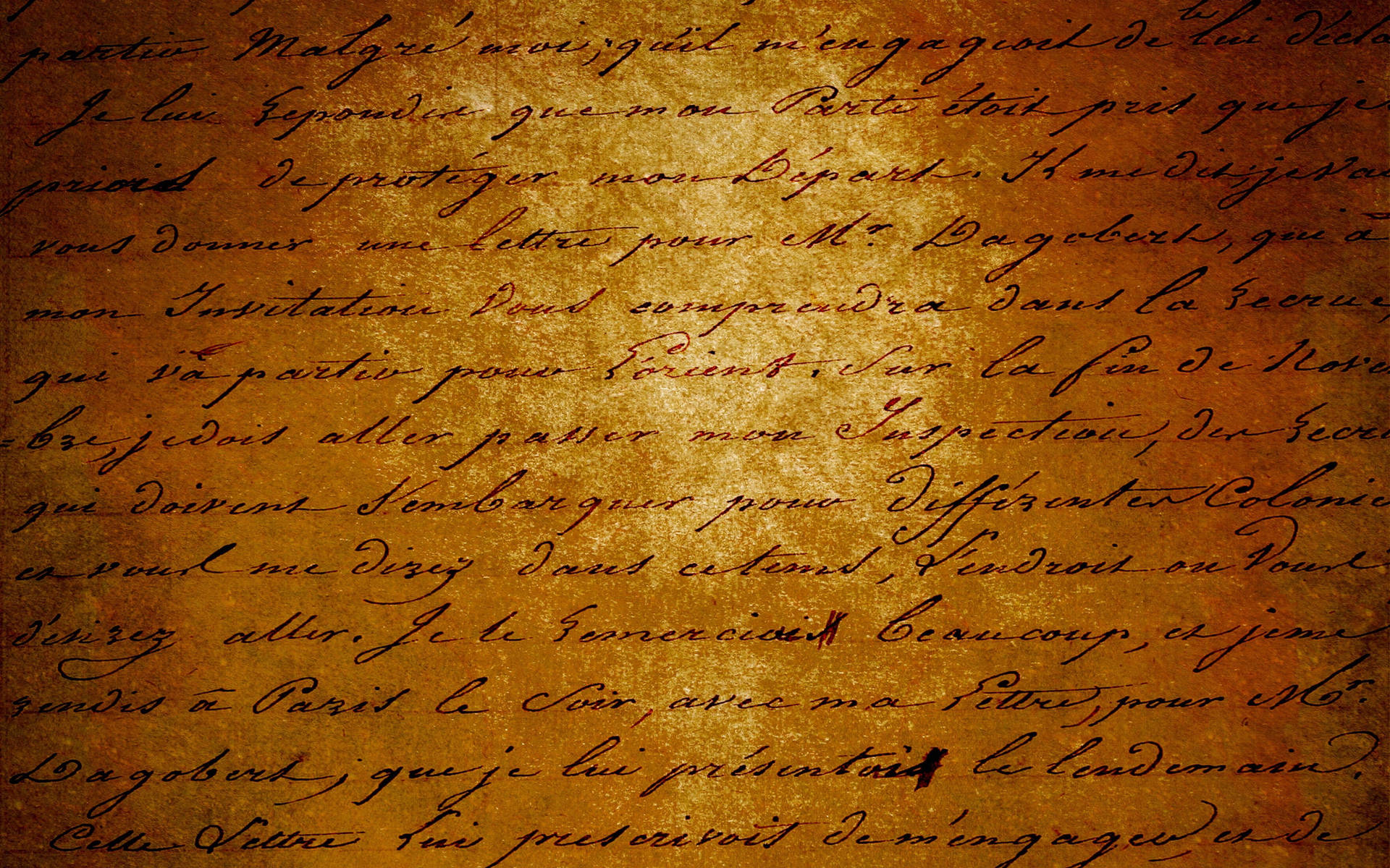 優雅的法語草書手寫體在陳舊羊皮紙上，金棕色調。 — 復古美學 GIF 壁紙