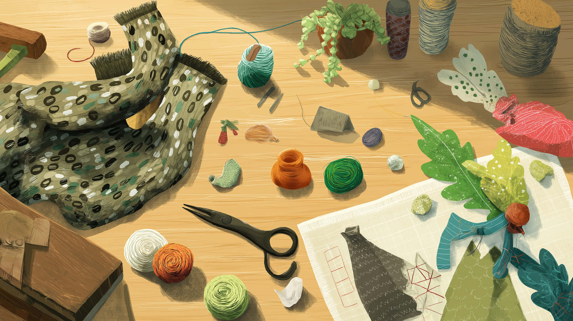 Cozy Crafting Table 壁紙 — 一張陽光照射的木桌上散落著彩色線軸、剪刀、布料碎塊和盆栽植物，營造出創意手工場景。