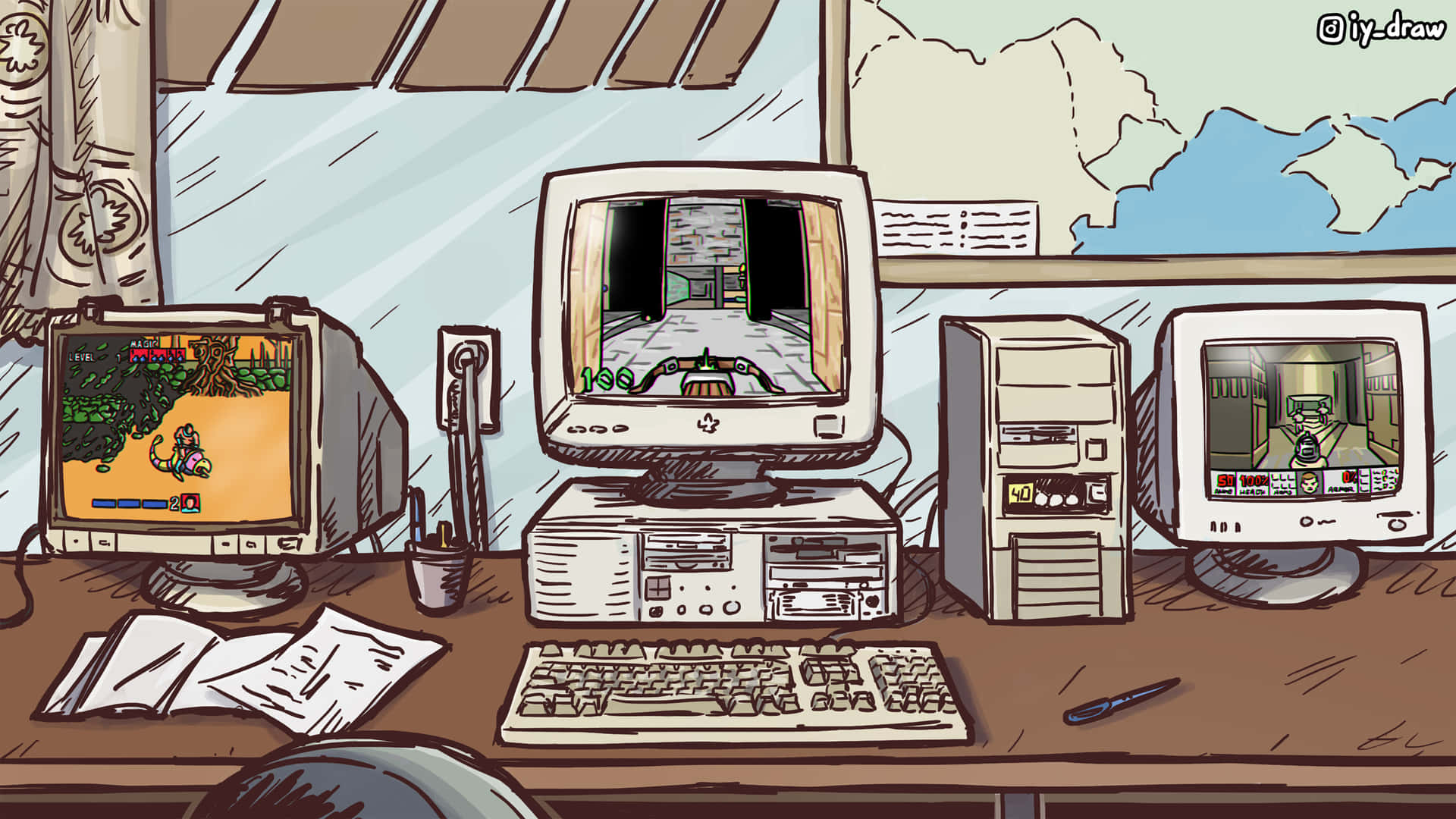 90s Computer 桌布 壁紙 — 一張雜亂的桌子上放著三台復古電腦，顯示經典電子遊戲的復古卡通插圖。