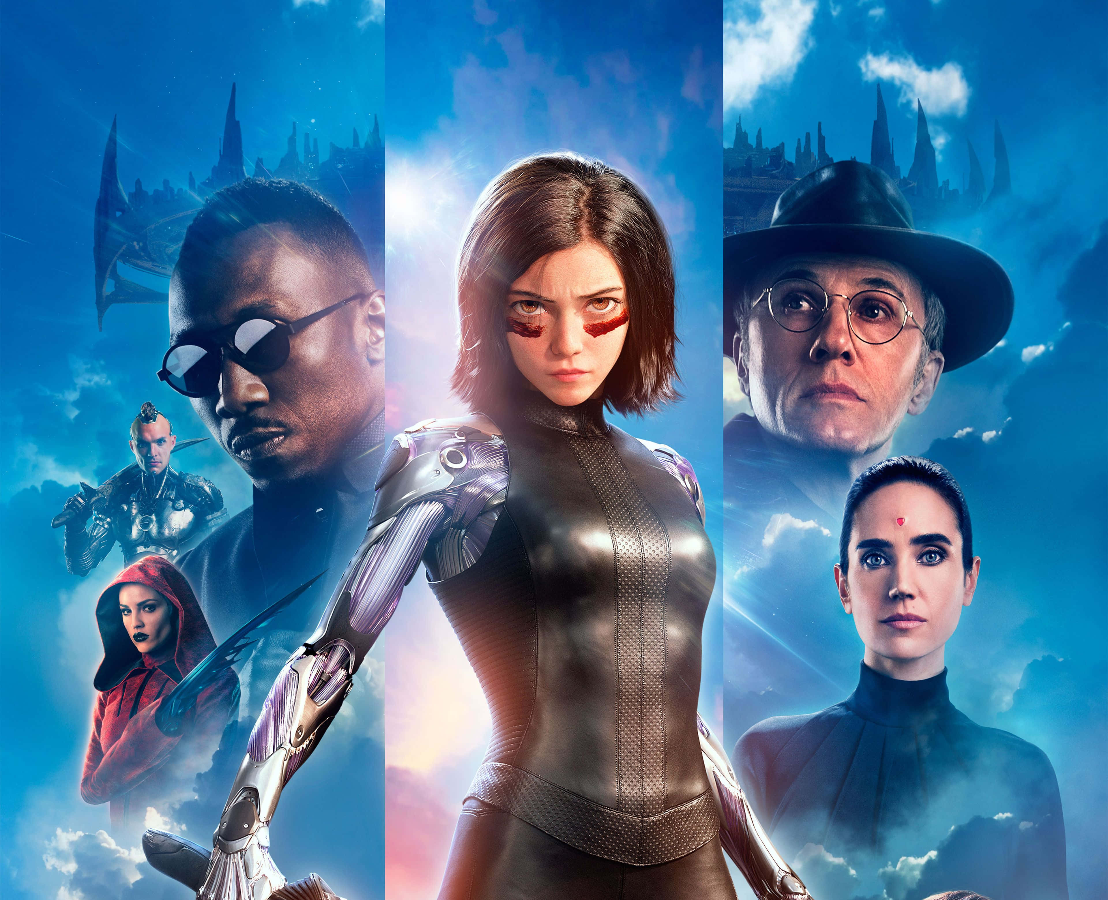 Alita Battle Angel 桌布 壁紙 — 一張電影海報，展示五個身穿未來風格盔甲和服裝的角色，背景是充滿活力的藍天和漂浮的城市結構。