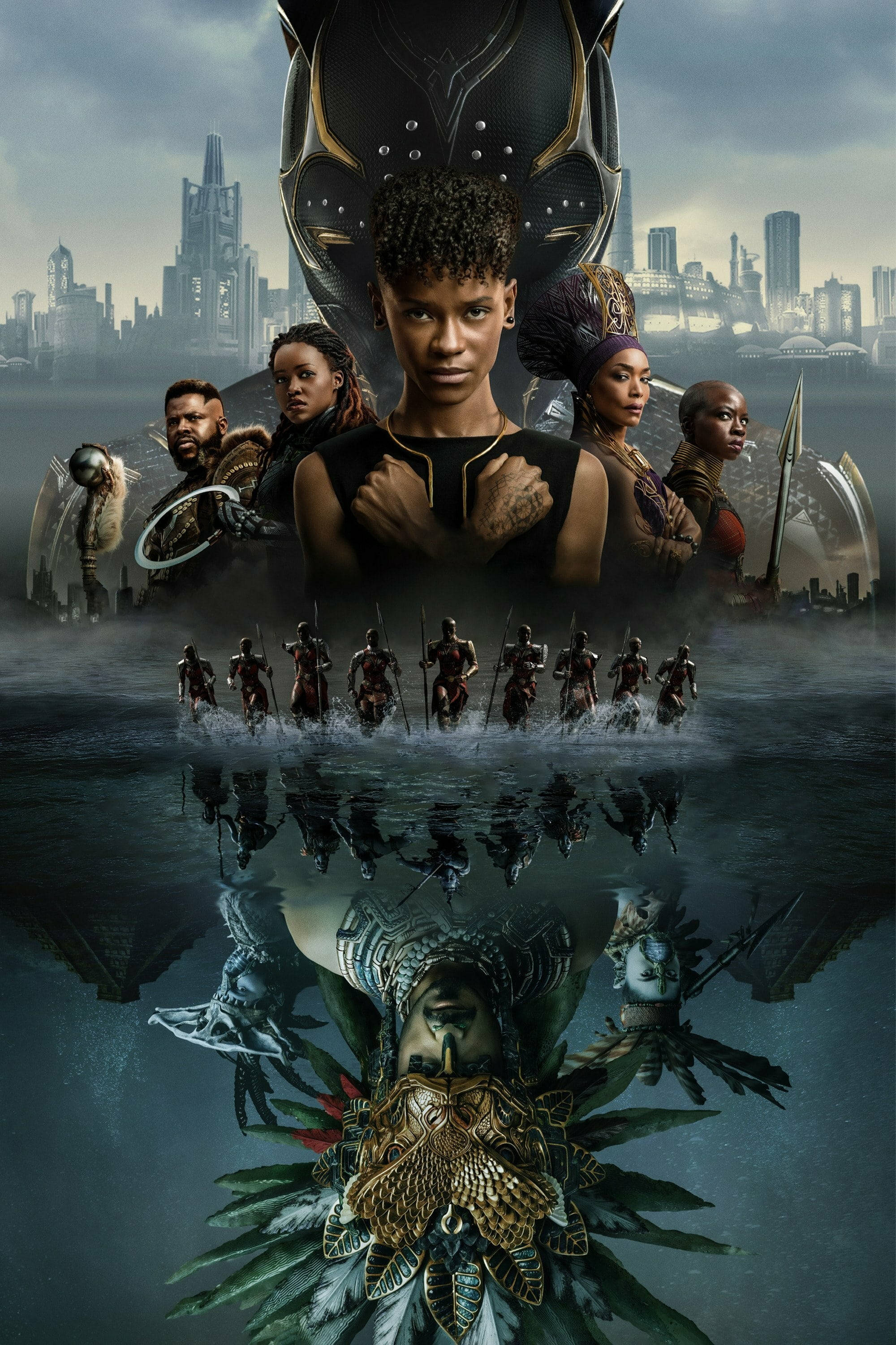 Wakanda 桌布 壁紙 — 一張電影風格海報，展示黑豹團隊站在水中，背後是未來城市天際線，下方倒映著一個神秘人物。