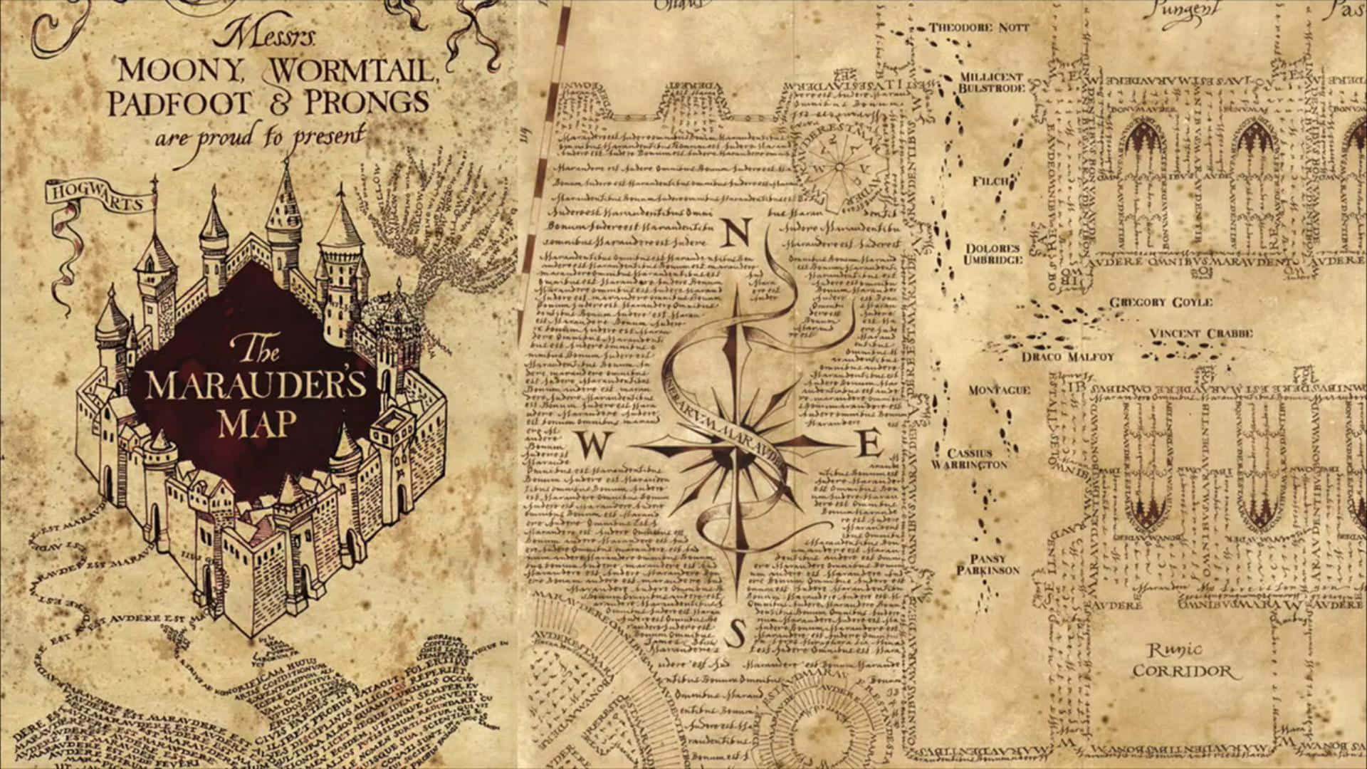 The Marauder's Map 桌布 壁紙 — 一張霍格華茲的古老羊皮紙地圖，帶有詳細的手繪建築以及學生和地點的手寫名稱。