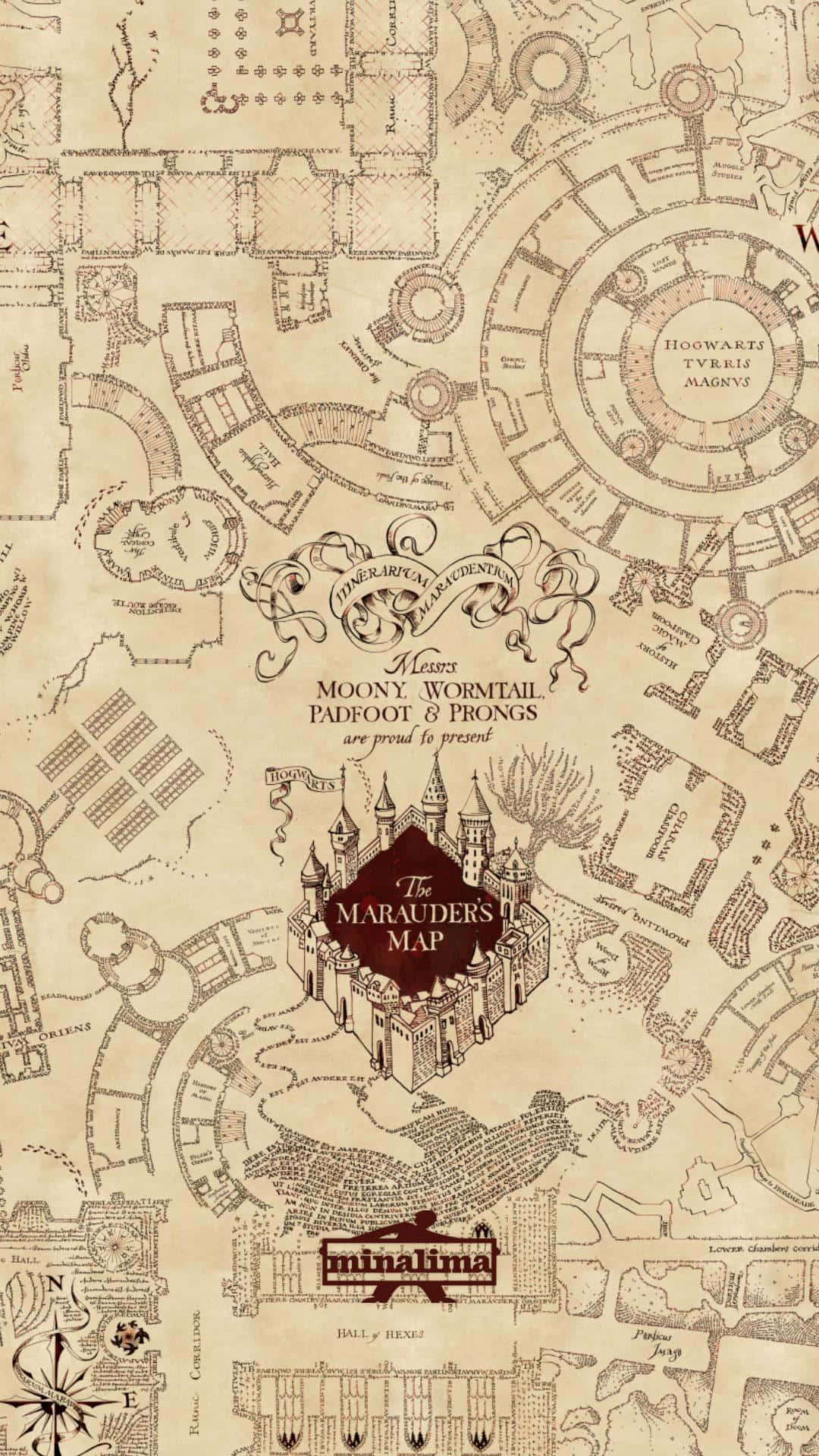 The Marauder's Map 桌布 壁紙 — 一張霍格華茲的古老羊皮紙地圖，顯示詳細的平面圖和秘密通道，帶有華麗的字體和中央城堡插圖。