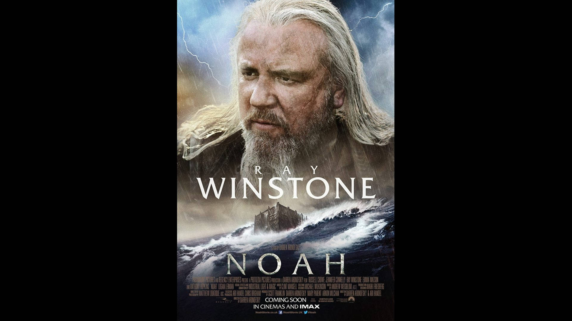 Celebrity 桌布 壁紙 — 一張風暴般的電影海報， featuring Ray Winstone 飾演諾亞，下方有波濤洶湧的大海和方舟。