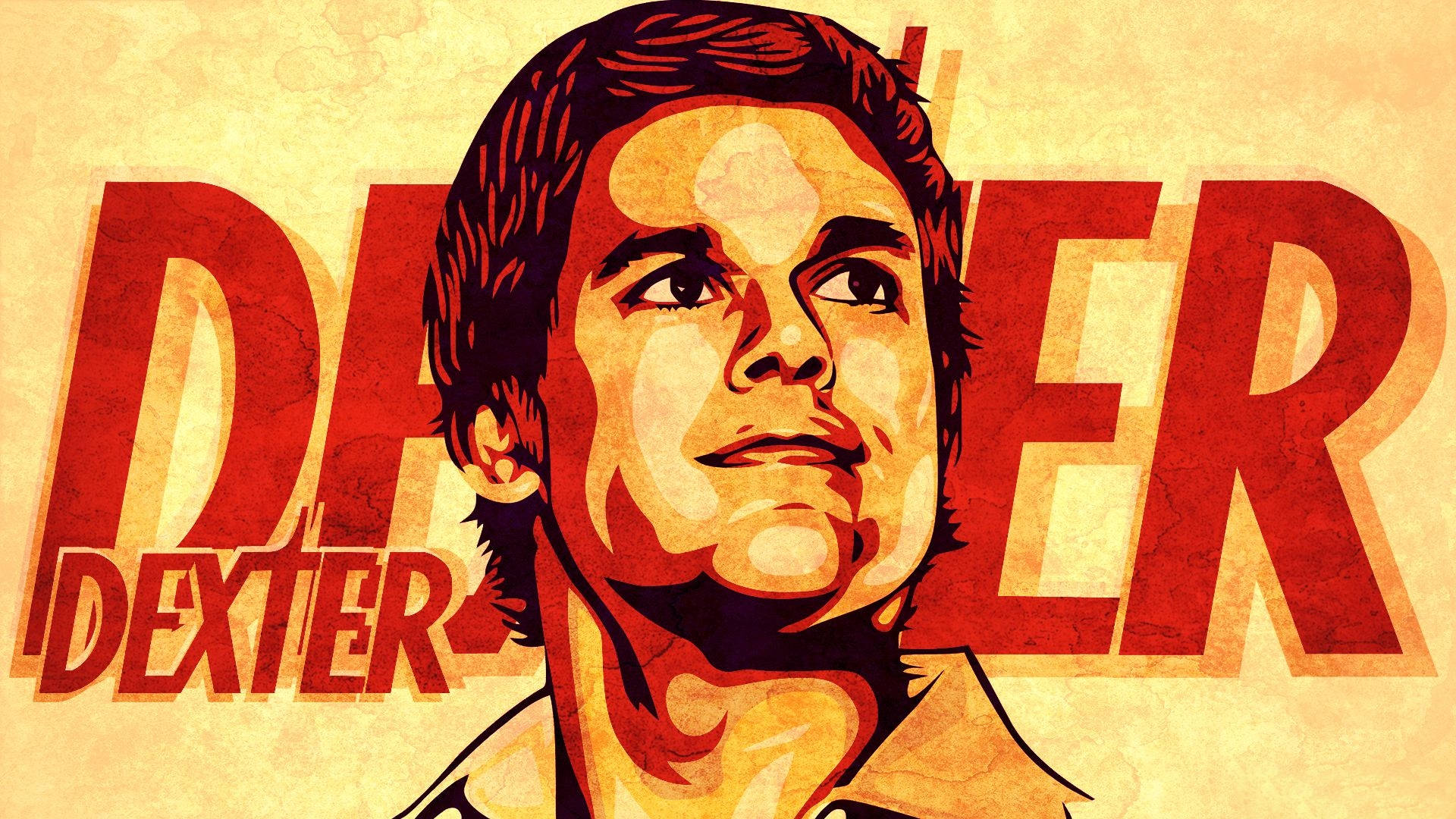 Entertainment 桌布 壁紙 — 一張風格化的 Dexter 海報，在帶有紋理的米色背景上有粗體紅色文字。