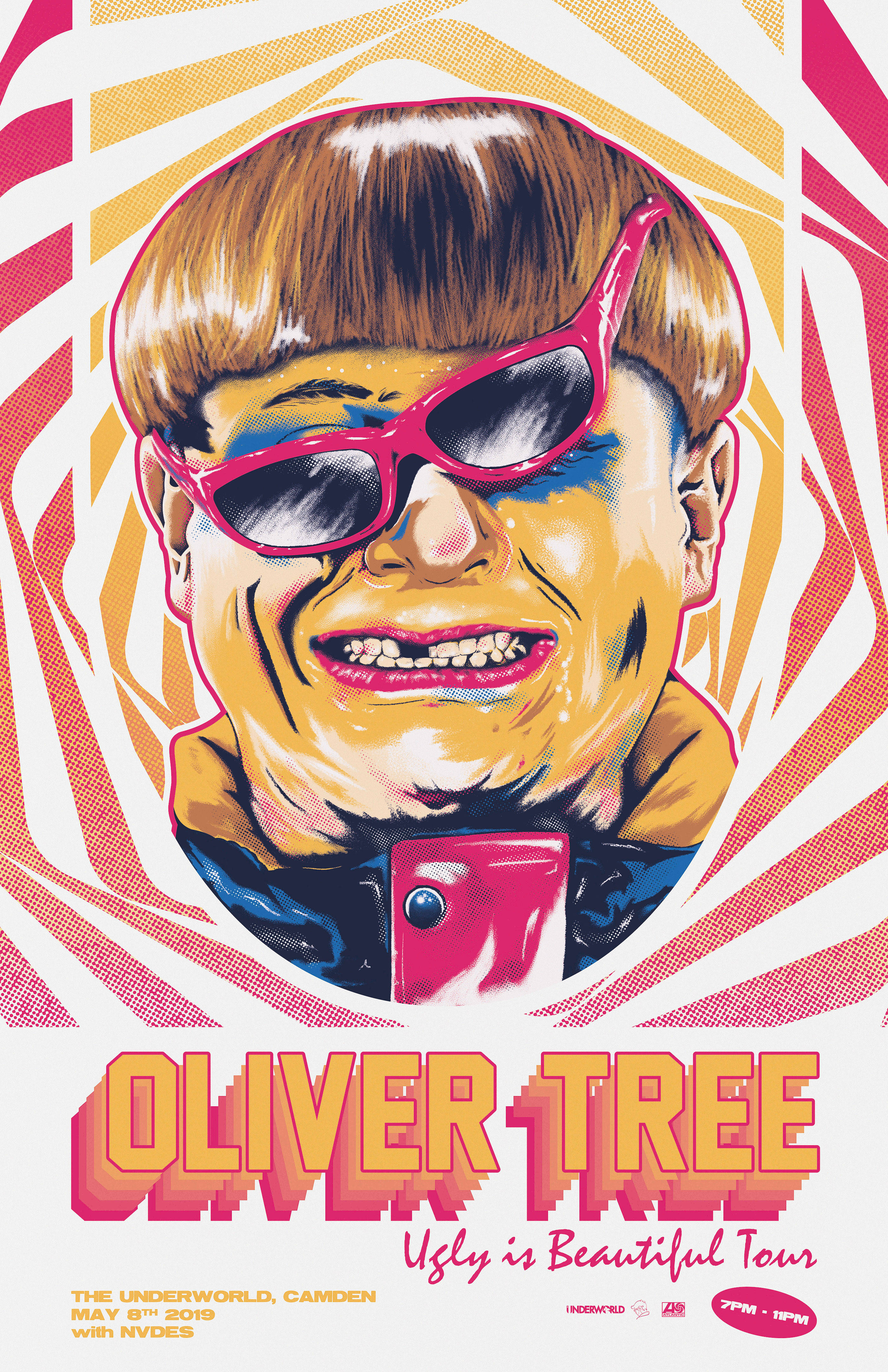 oliver 桌布 壁紙 — 一張風格化的 Oliver Tree 海報，帶有亮粉色太陽眼鏡和大膽的幾何背景。