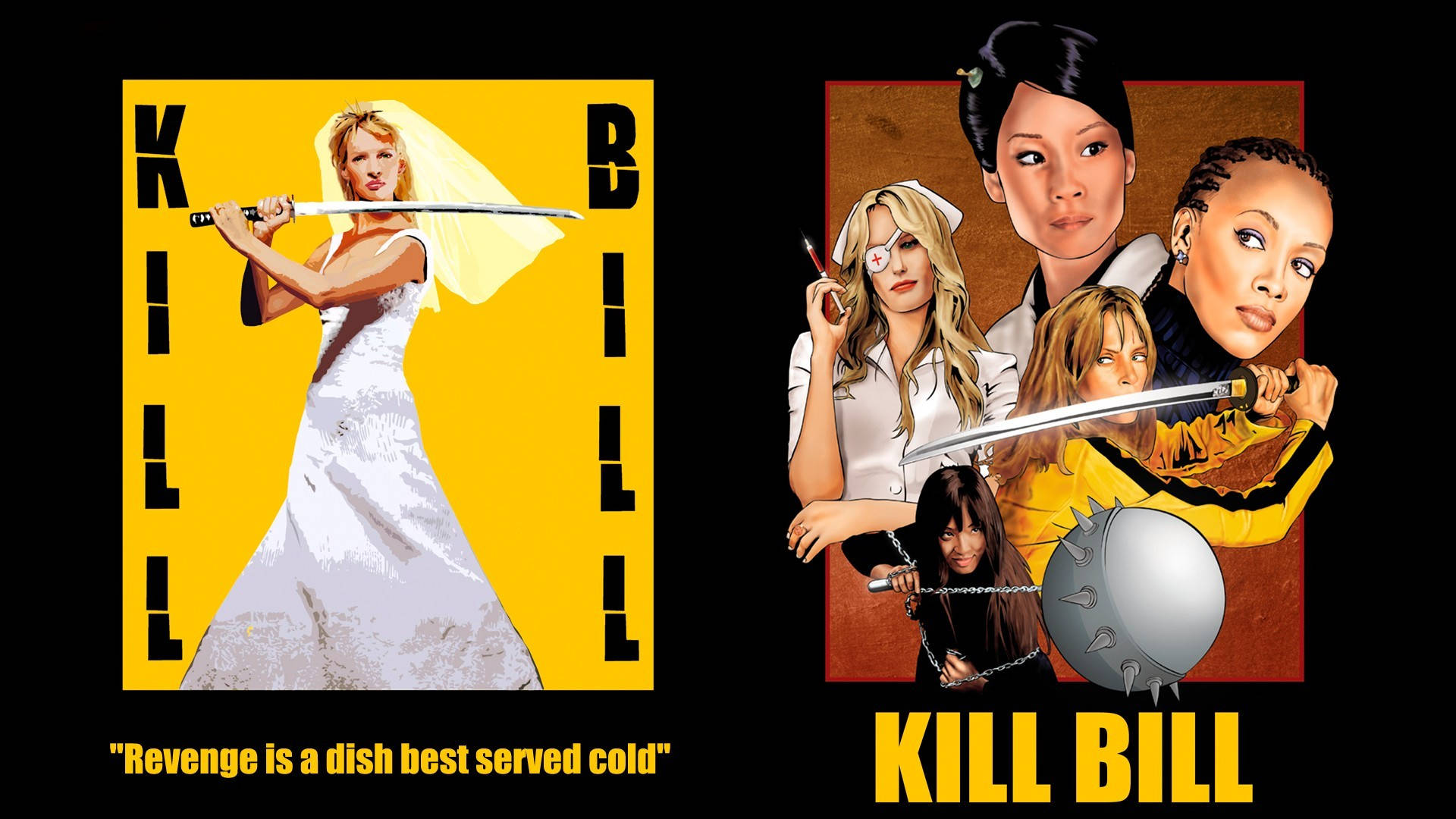 Kill Bill 桌布 壁紙 — 一張風格化的《追殺比爾》電影海報，白色新娘在黃色背景前揮舞著劍，旁邊有其他女戰士。