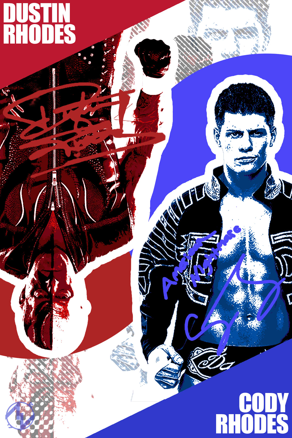 Cody Rhodes 桌布 壁紙 — 一張風格化的分割海報，展示摔角手 Dustin Rhodes 和 Cody Rhodes，採用大膽的紅藍圖形藝術並附有簽名。